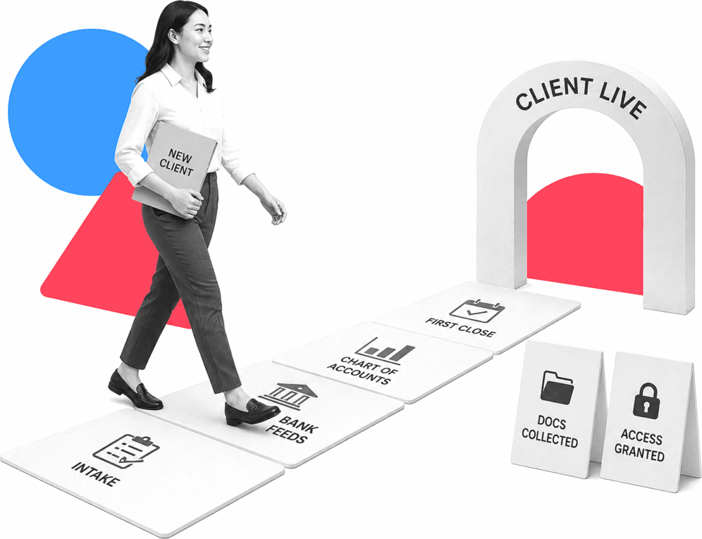 Bookkeeper carrying a new-client folder strides along labeled bookkeeping onboarding stage tiles toward a client-live arch.