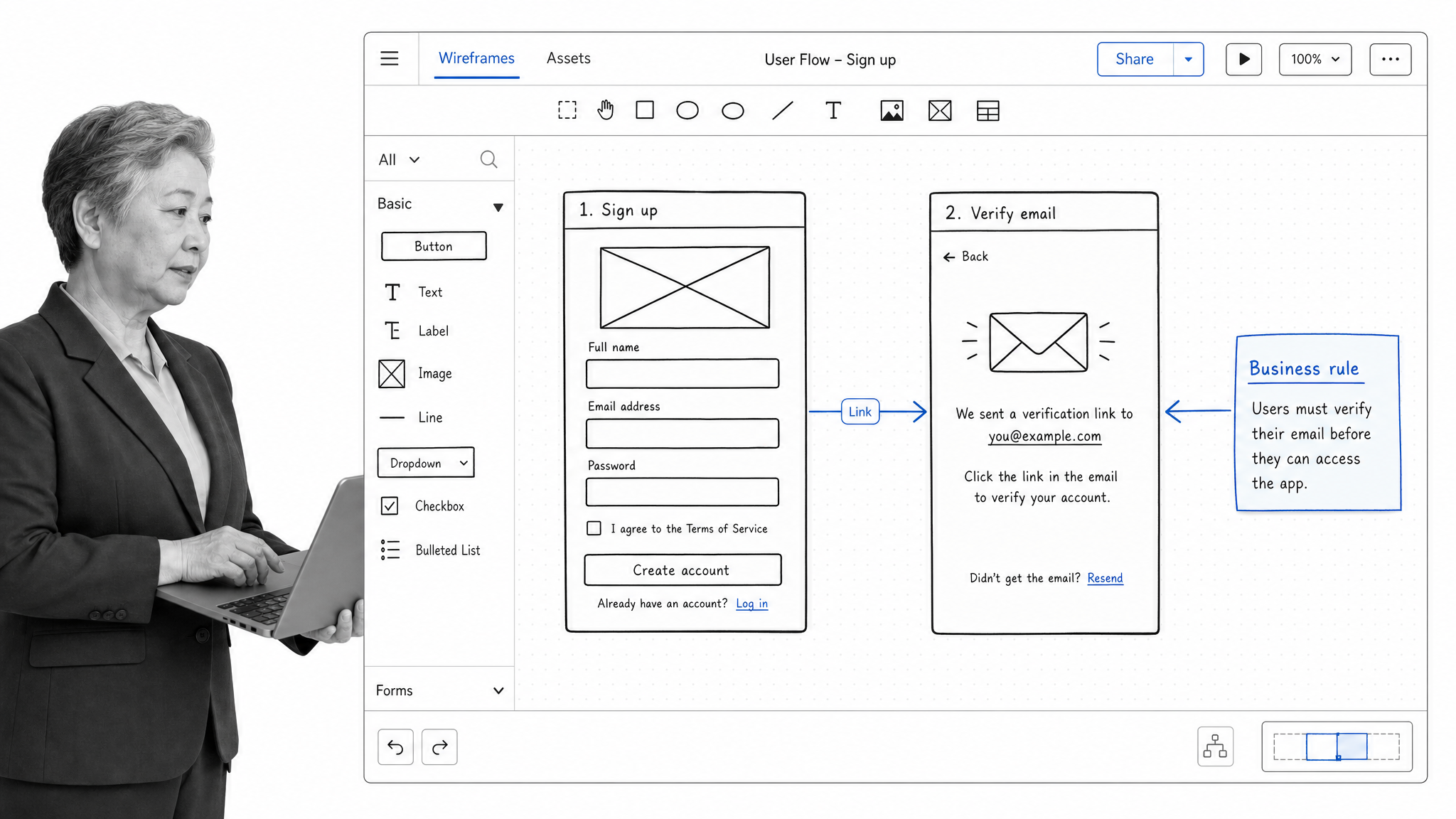 Business analyst reviewing Balsamiq low-fidelity wireframes with linked screens and rule annotations