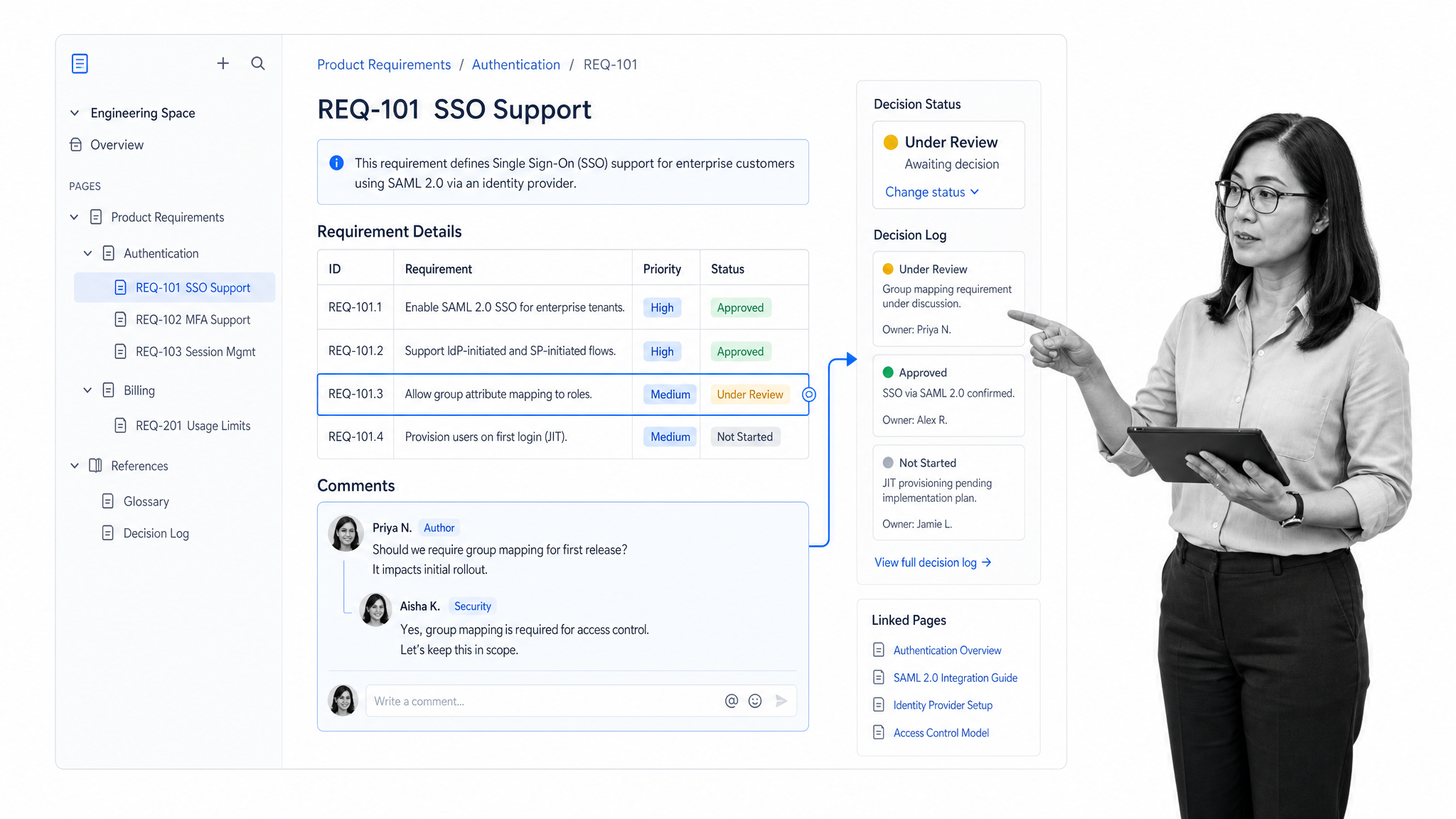 Business analyst editing a Confluence requirements page with decisions, comments, and linked context