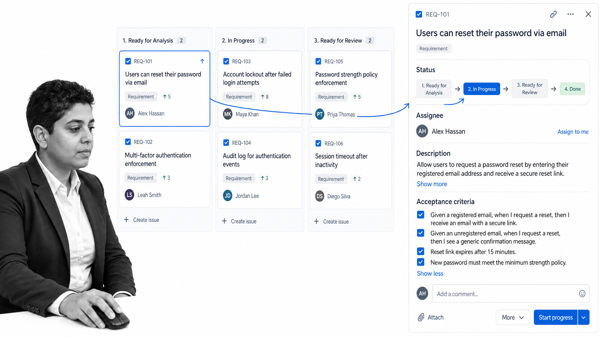 Business analyst reviewing a Jira board with requirement cards, owners, and delivery statuses