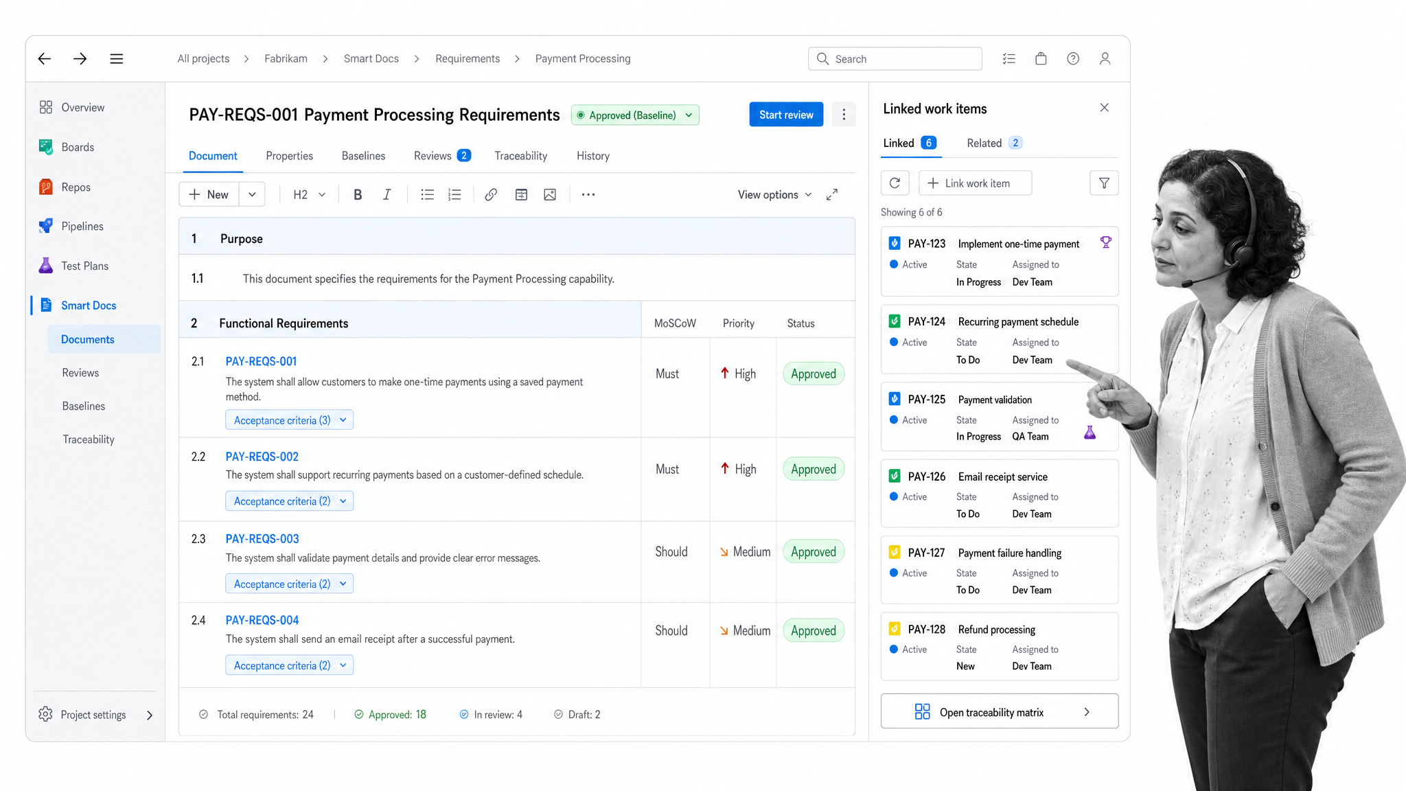 Business analyst using Modern Requirements4DevOps to review requirements beside linked delivery work items