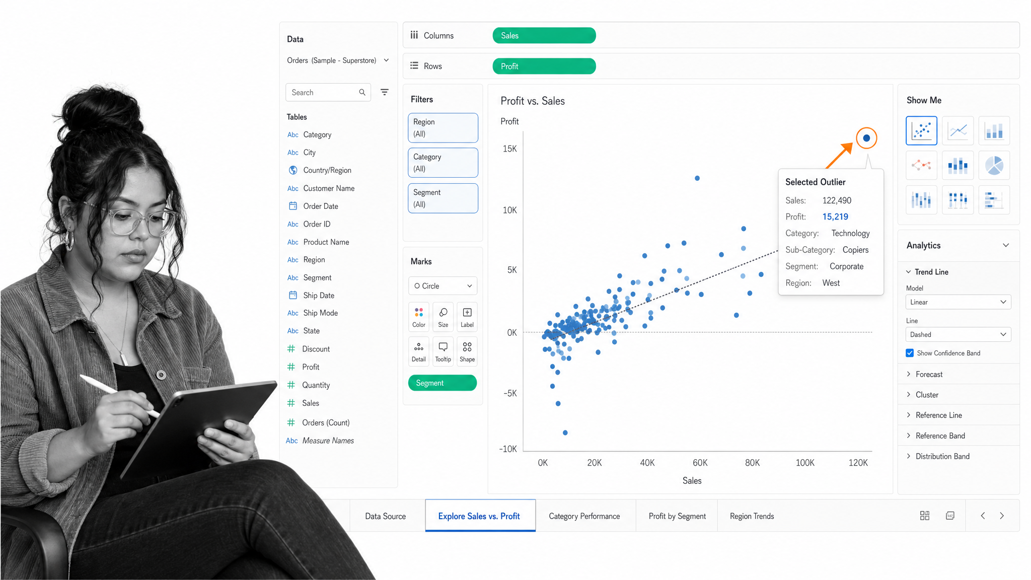 Business analyst exploring a Tableau worksheet with filters and a highlighted data outlier