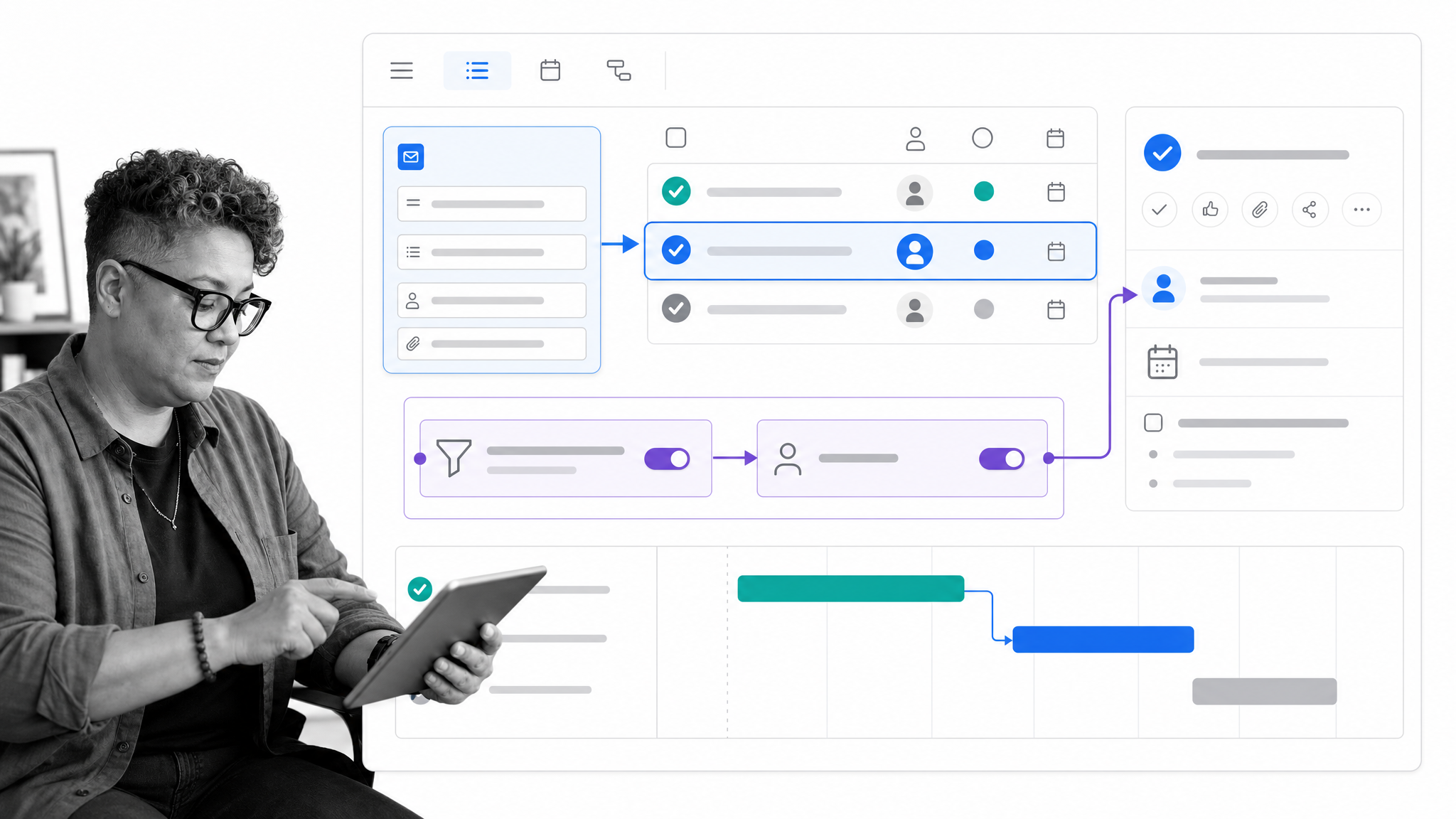 Asana project view showing an intake form, task assignment rule, task details, and timeline dependency