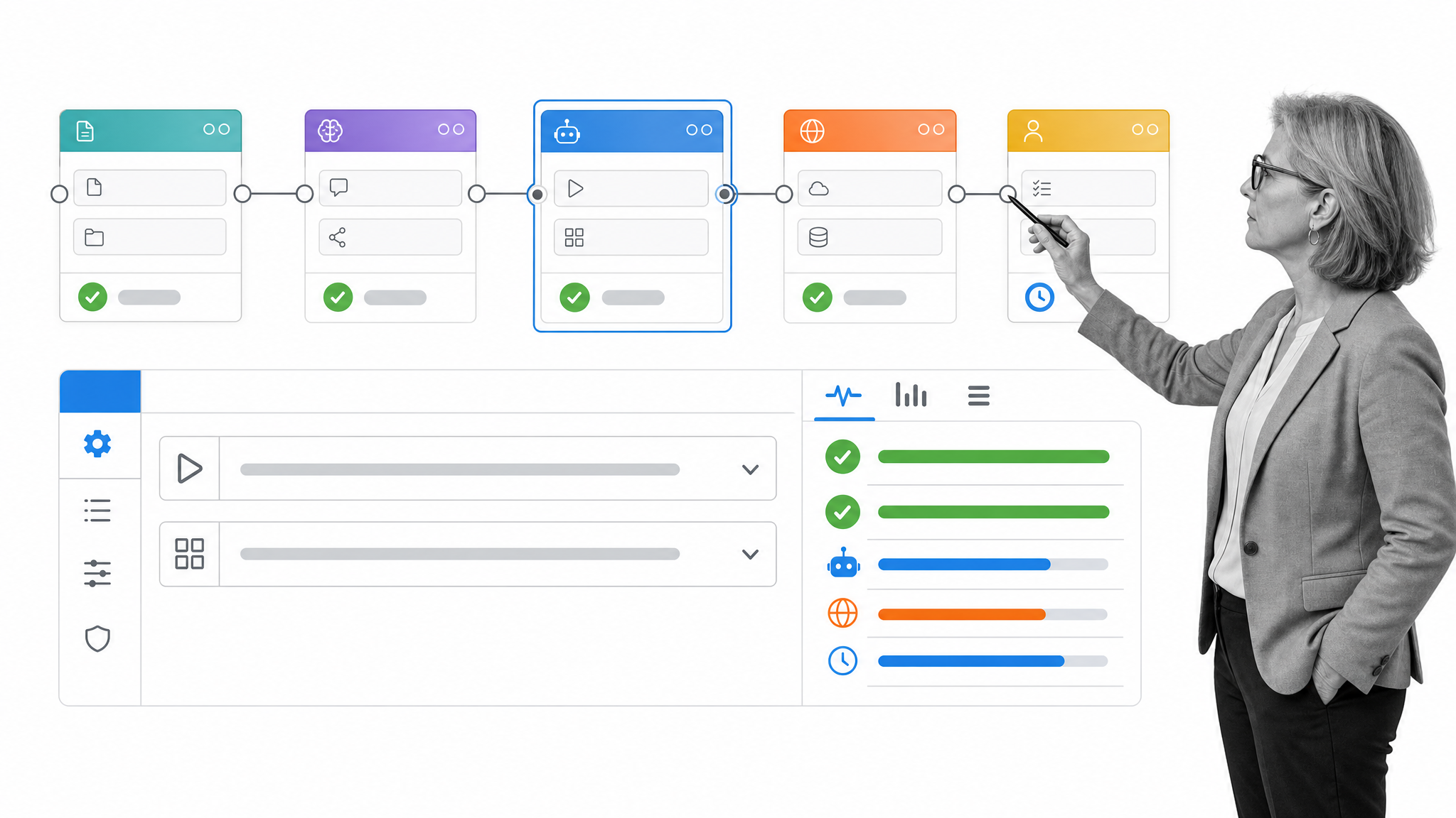 Automation Anywhere workspace connecting agent, bot, API, document, and human review steps