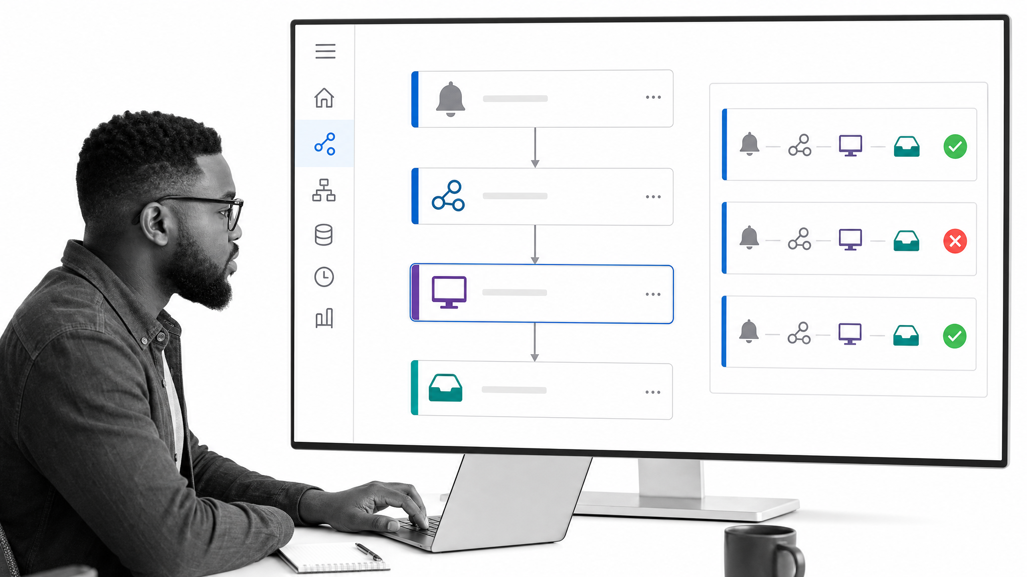 Microsoft Power Automate flow designer with cloud actions, a desktop flow step, and run history