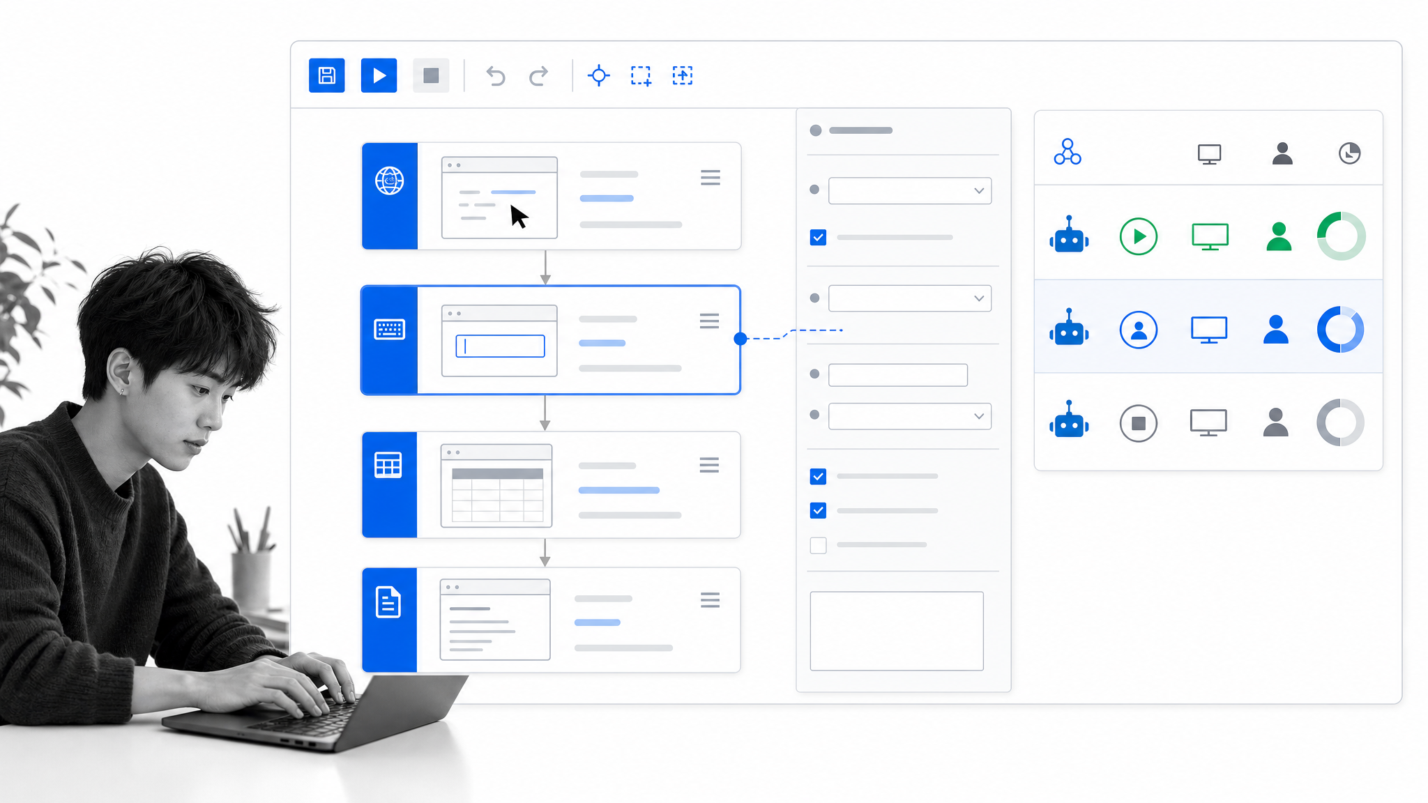 UiPath Studio automation sequence with activity properties, robot status, and an Orchestrator queue