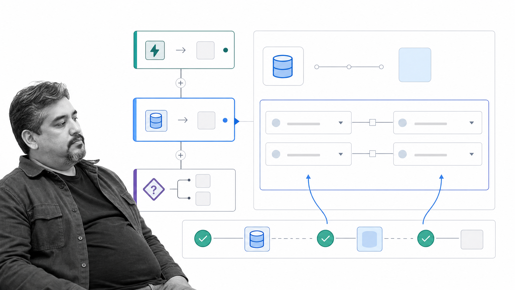 Workato recipe builder showing application connectors, mapped fields, a conditional branch, and job history
