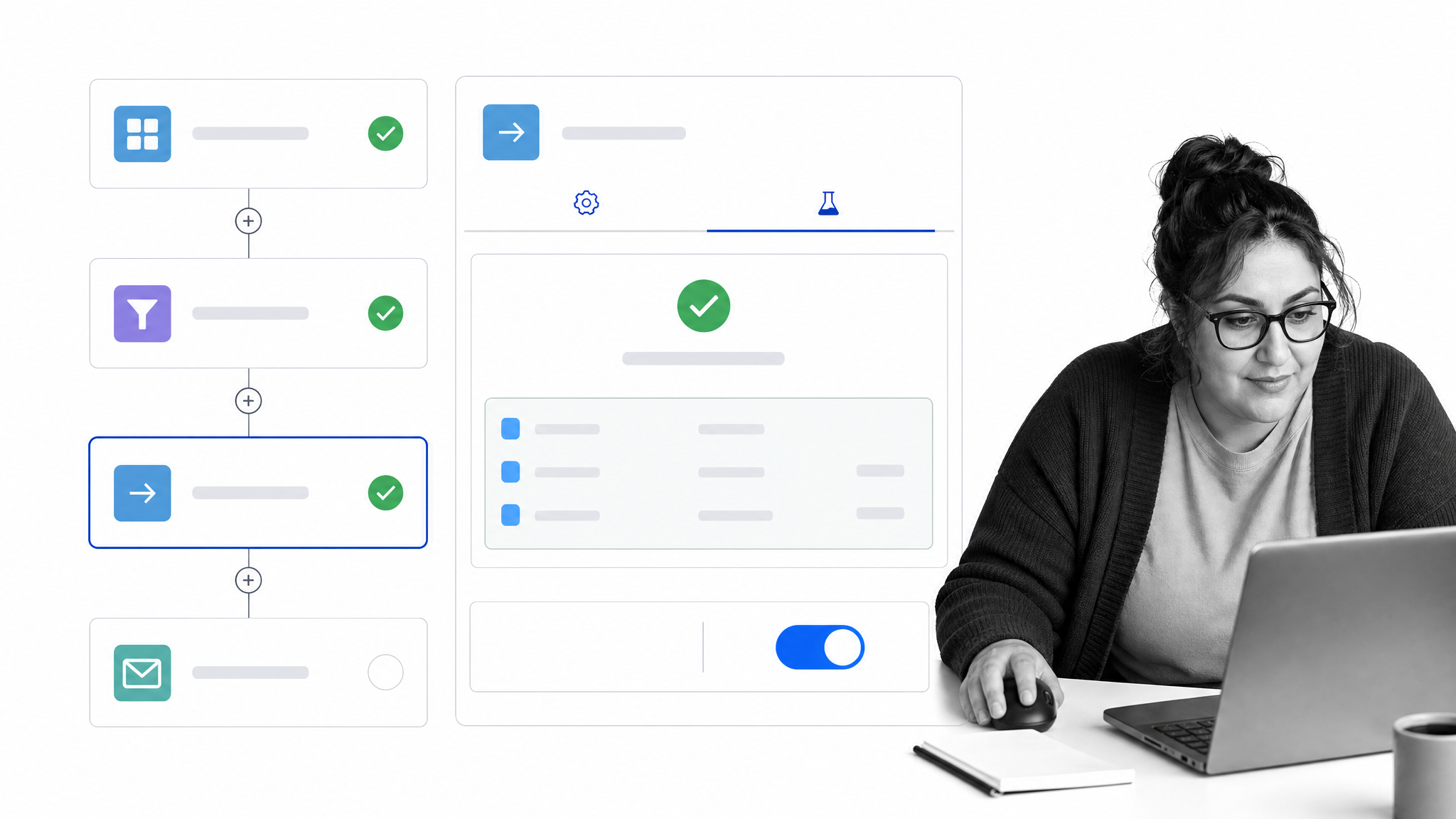 Zapier editor with a trigger, filter, app actions, successful test record, and activation control