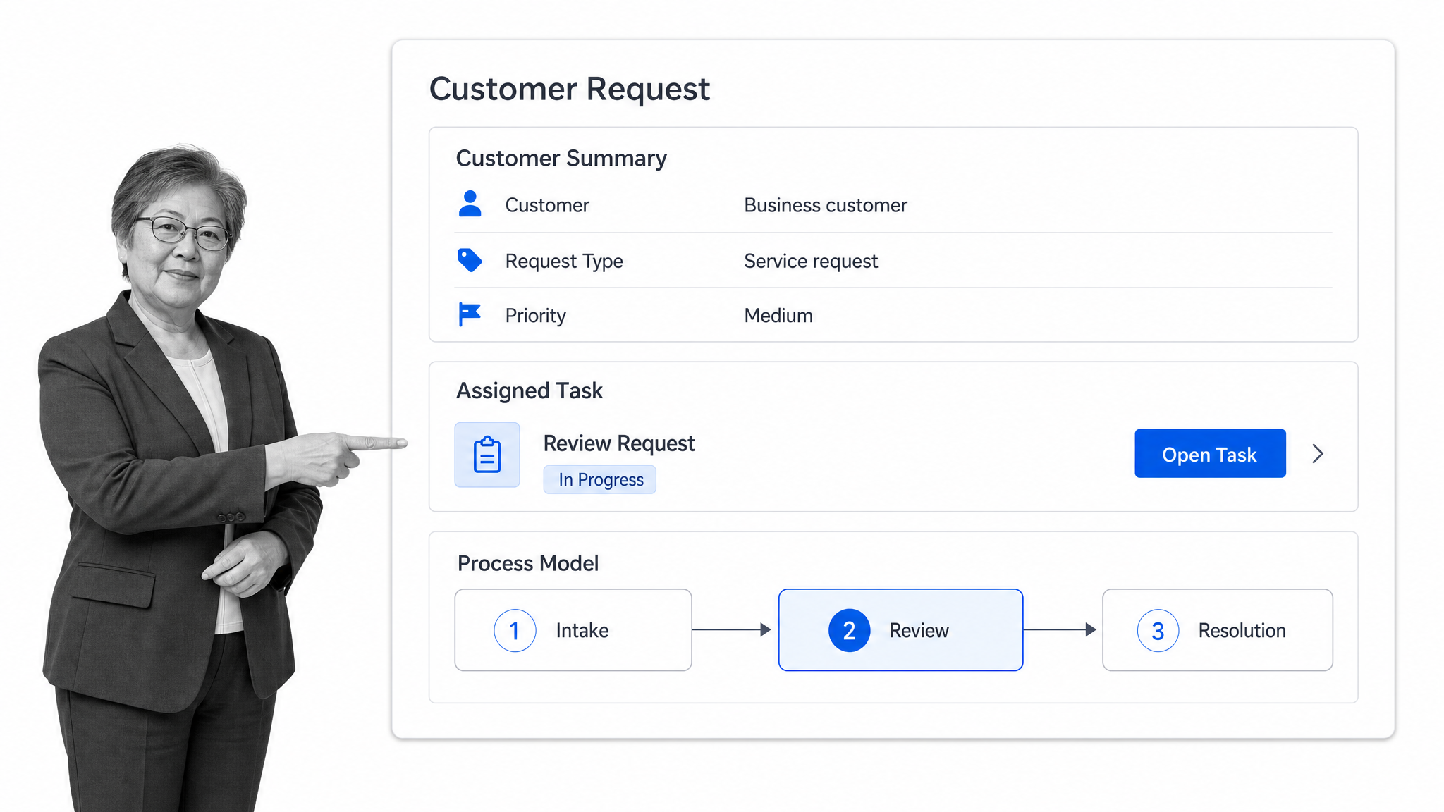 Appian case application with record data, an assigned task, and a connected process model.