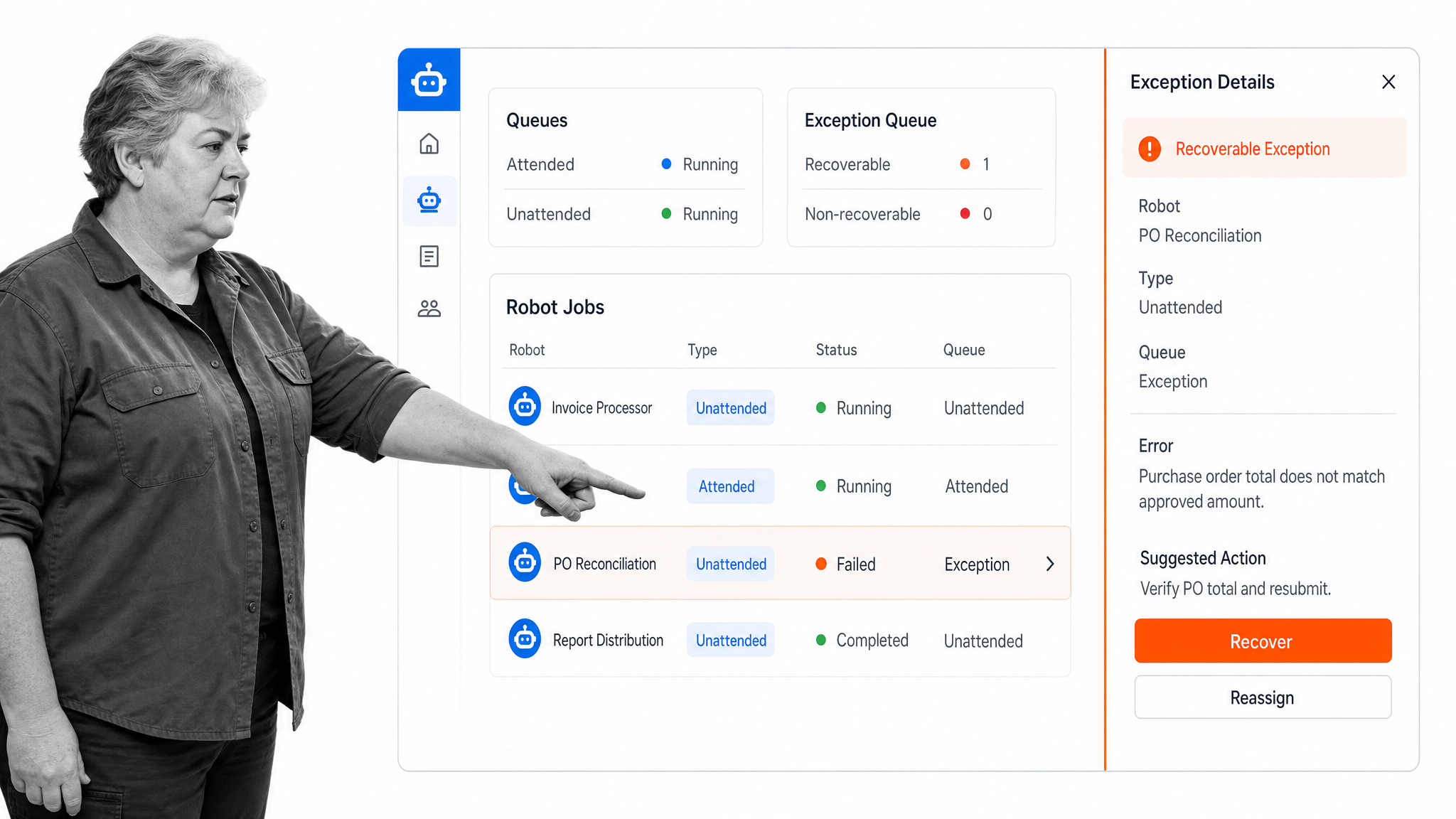 UiPath orchestration console showing robot jobs, queues, and an exception awaiting review.