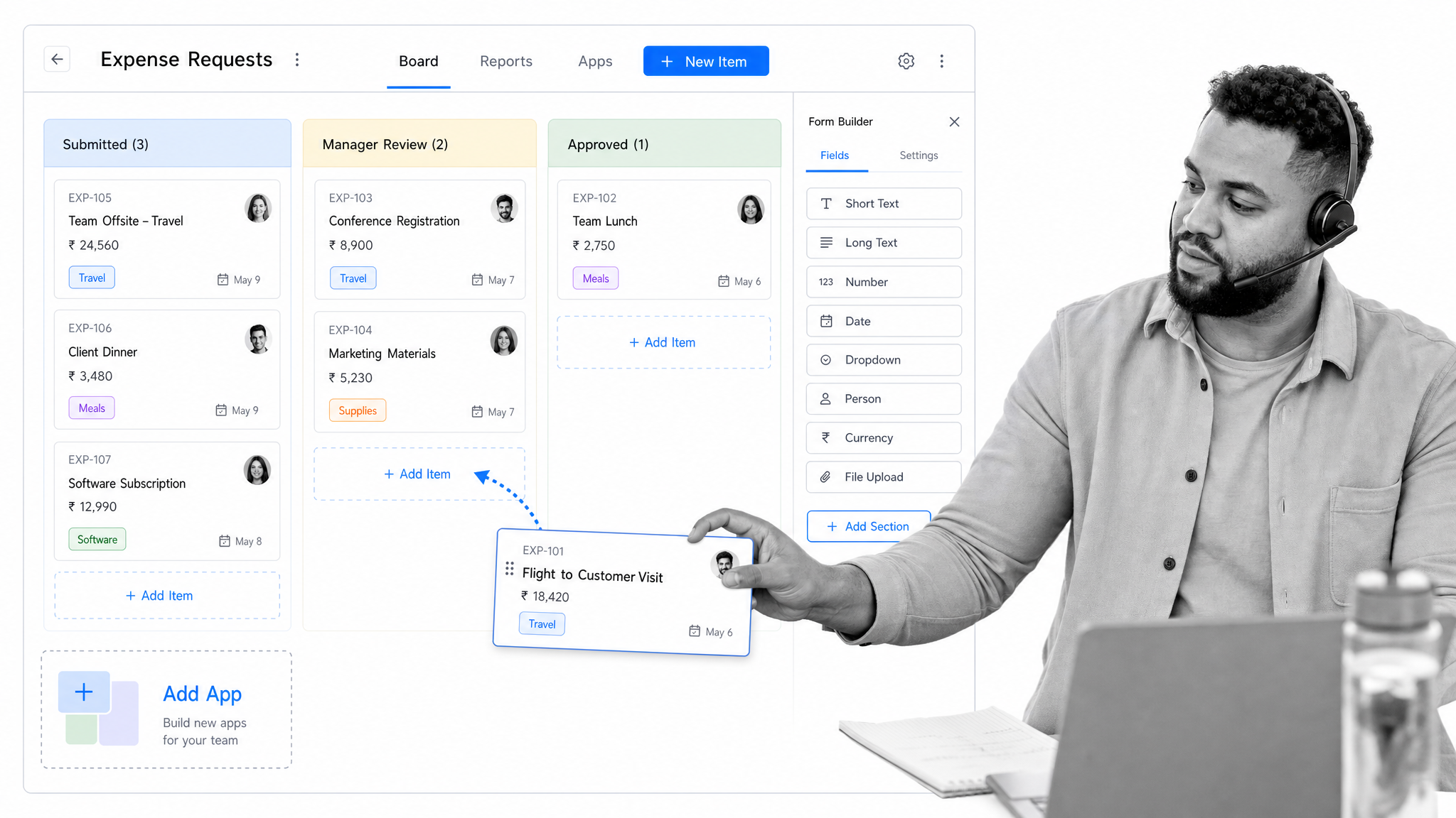 Kissflow business process management interface showing a no-code board and form builder