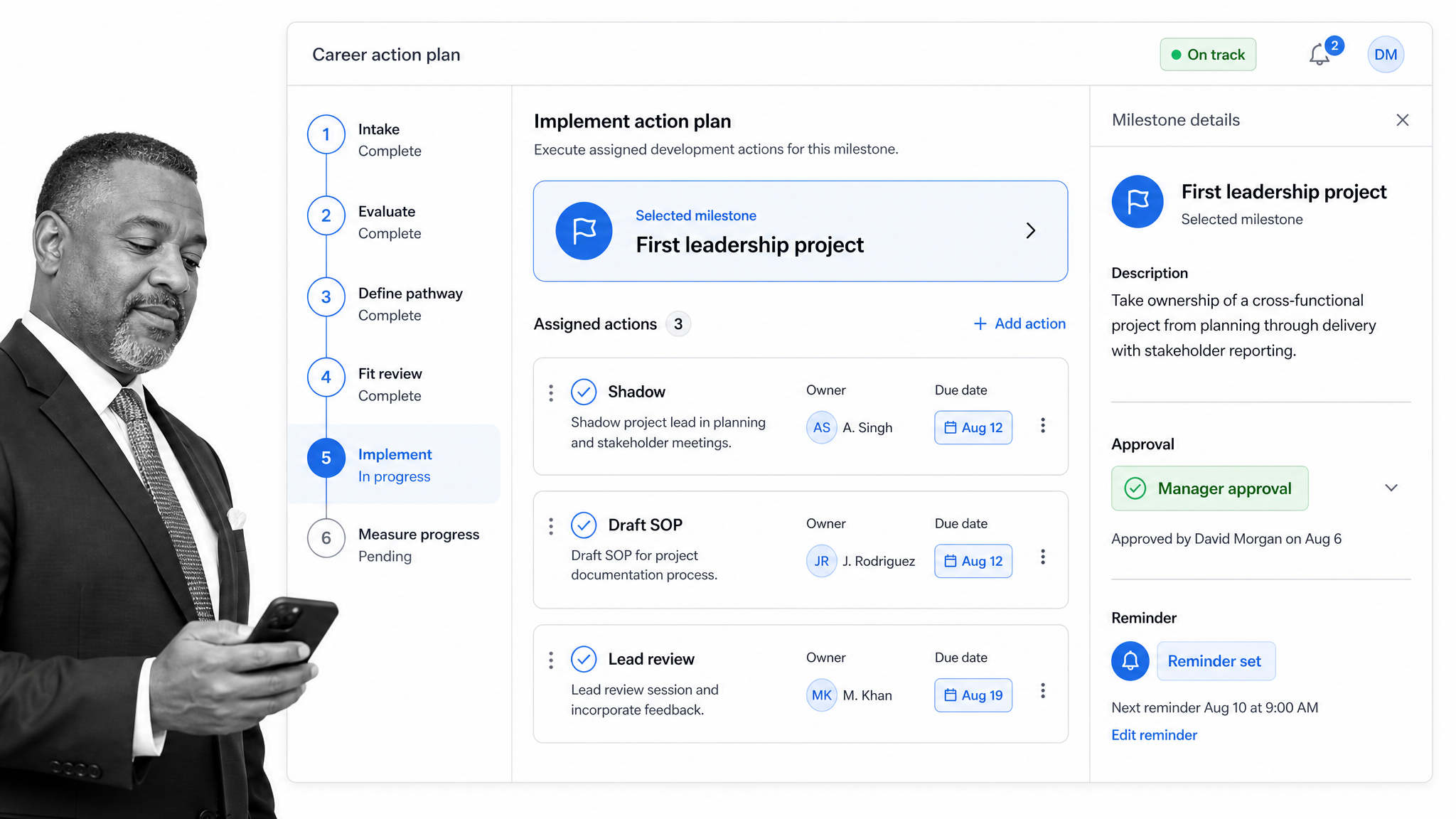Process Street-style action tracker for implementing a career progression plan.