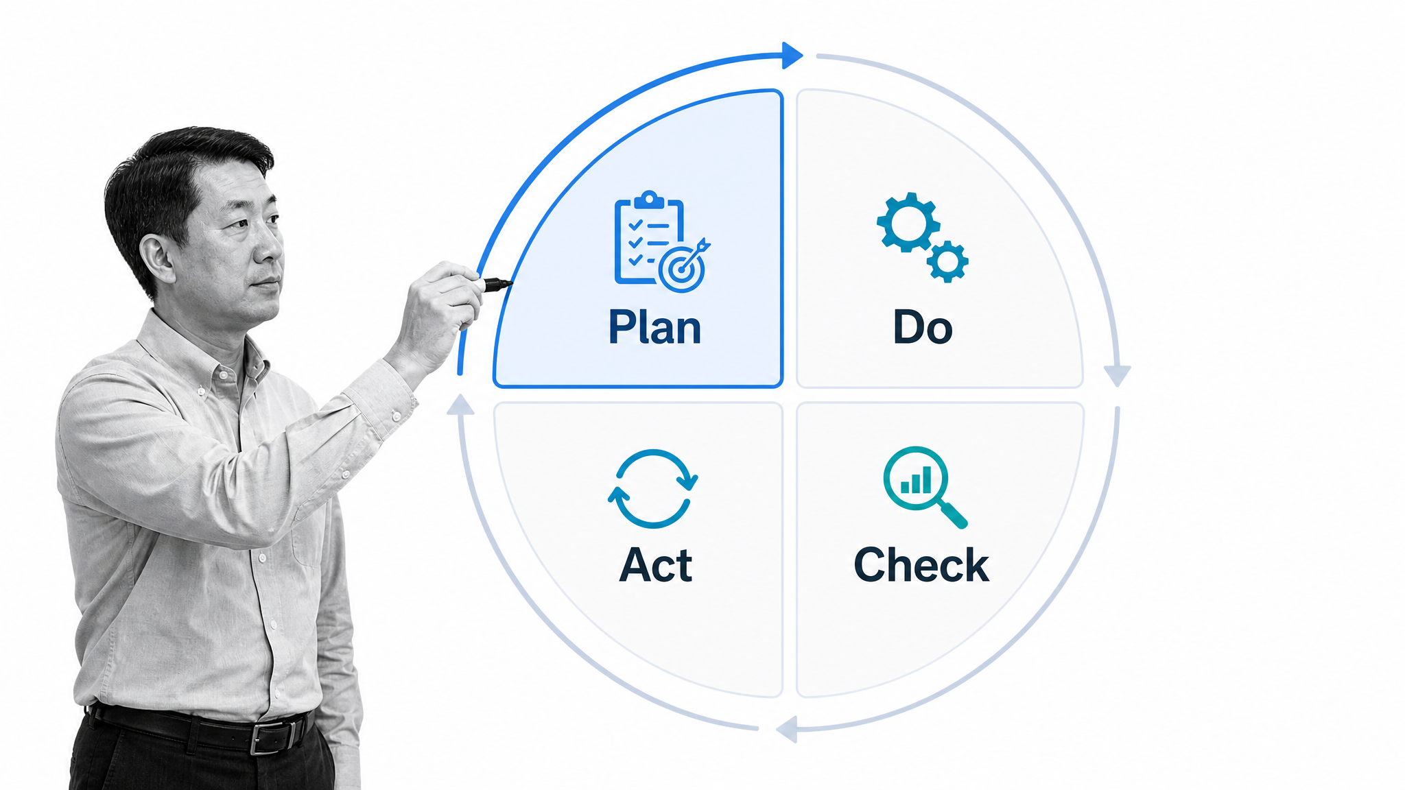 PDCA improvement cycle with Plan, Do, Check, and Act stages