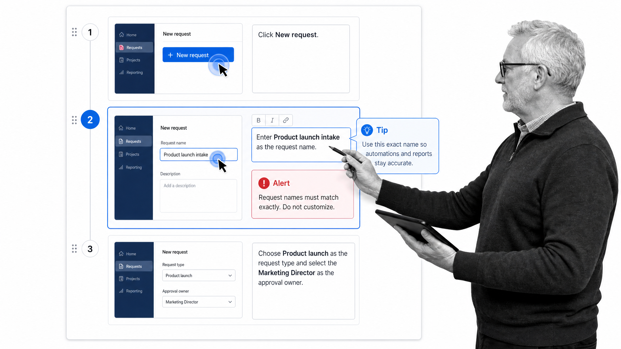Scribe guide editor with captured screenshots, cursor actions, tips, and editable steps