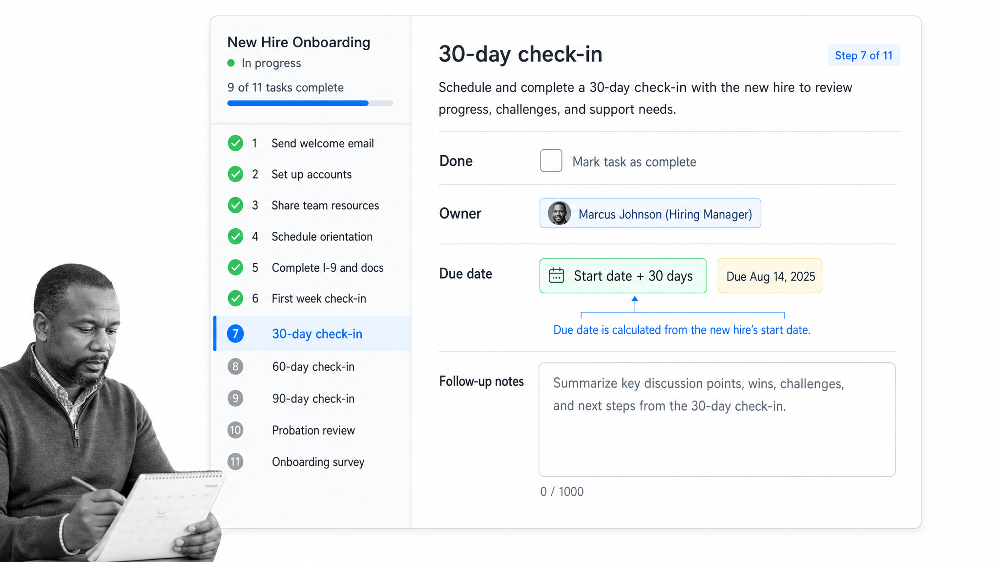 Process Street dynamic due date check-in task for a new hire