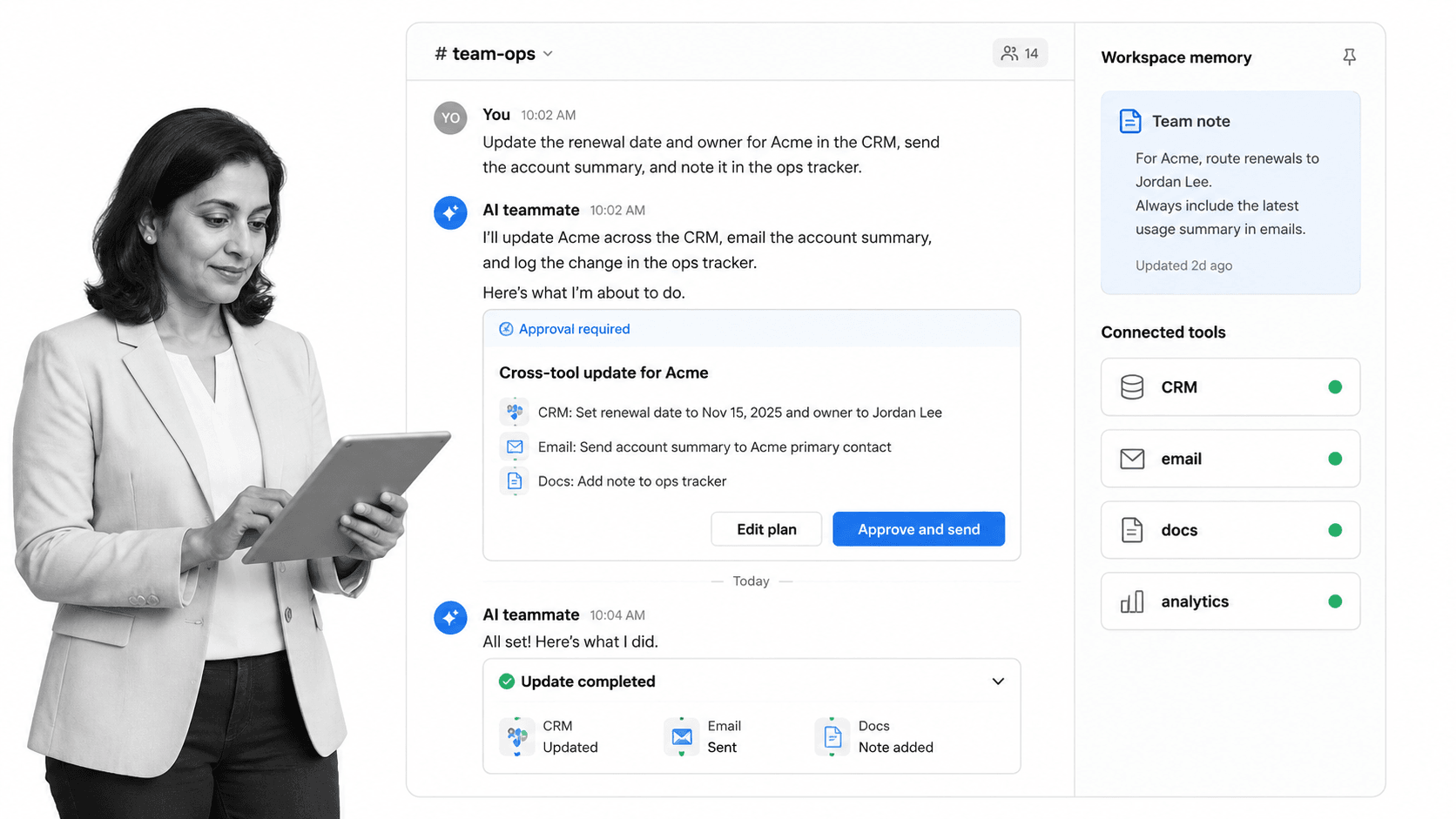 Dash Claude agent alternative product UI for Slack-first teams that want an approval-first AI coworker to ship real work