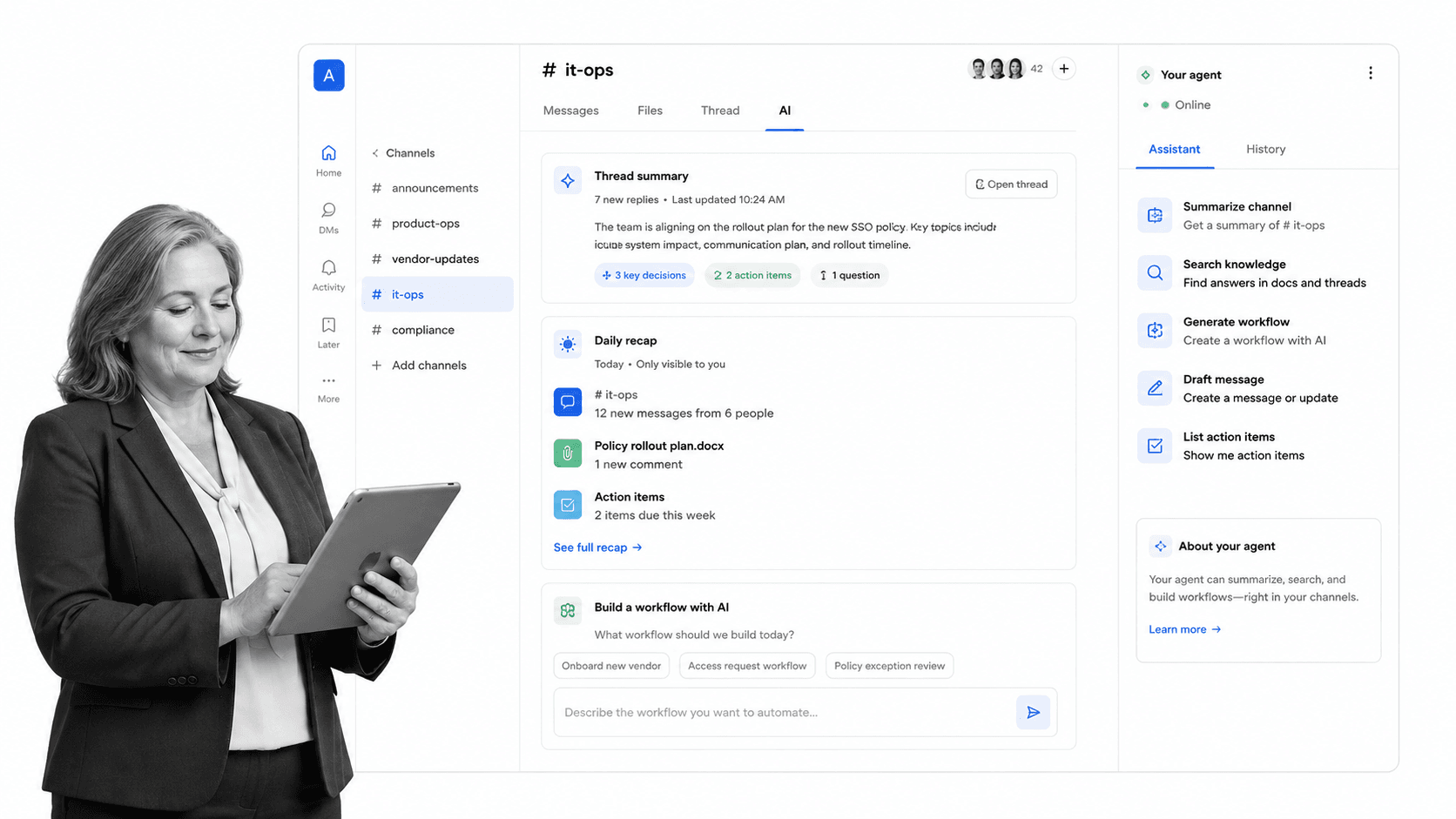 Slack AI and Slackbot Claude Tag alternative product UI for Native Slack summaries, search, recaps, and a personal Slackbot agent