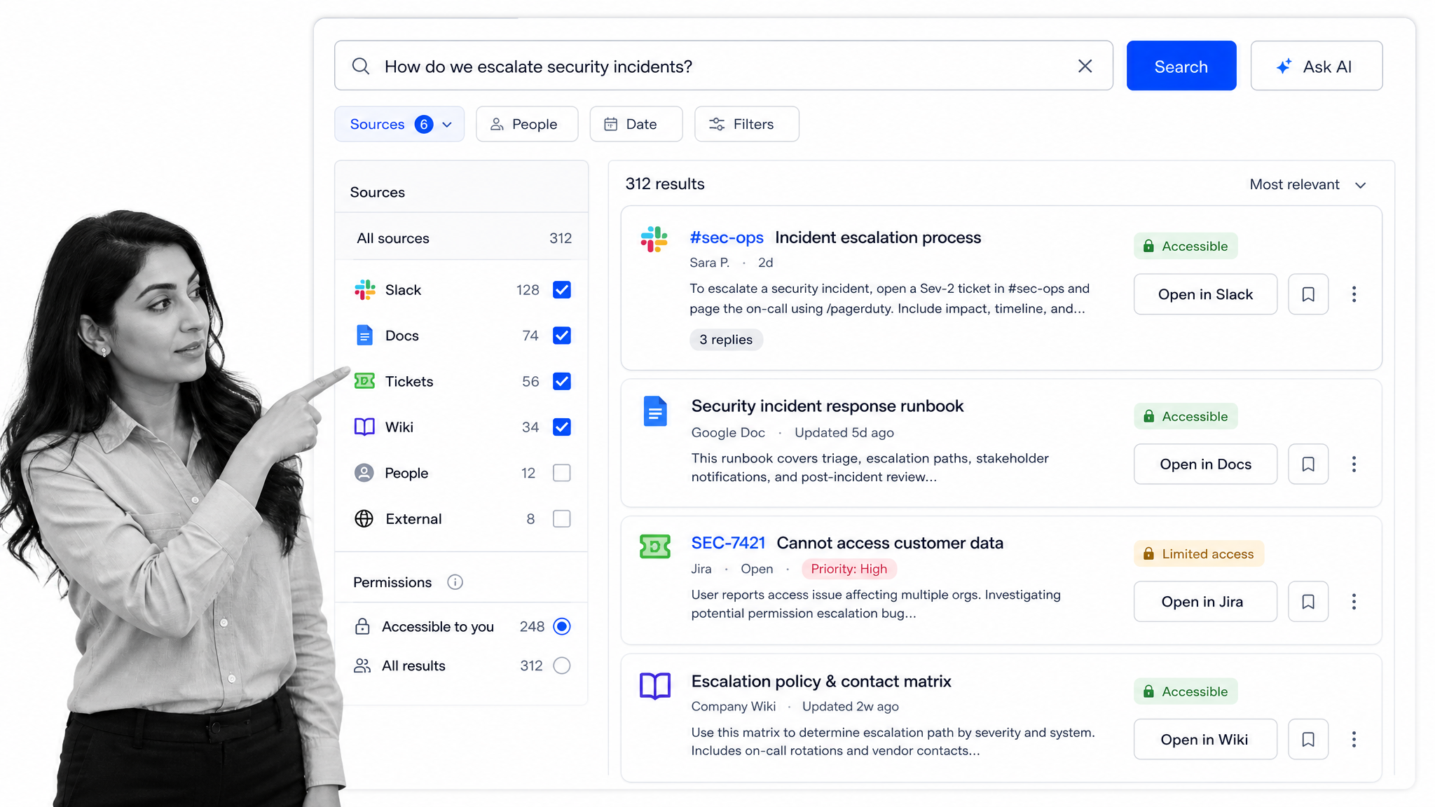 Glean Claude Tag alternative product UI for Enterprise knowledge search and actions across Slack, docs, tickets, and wikis