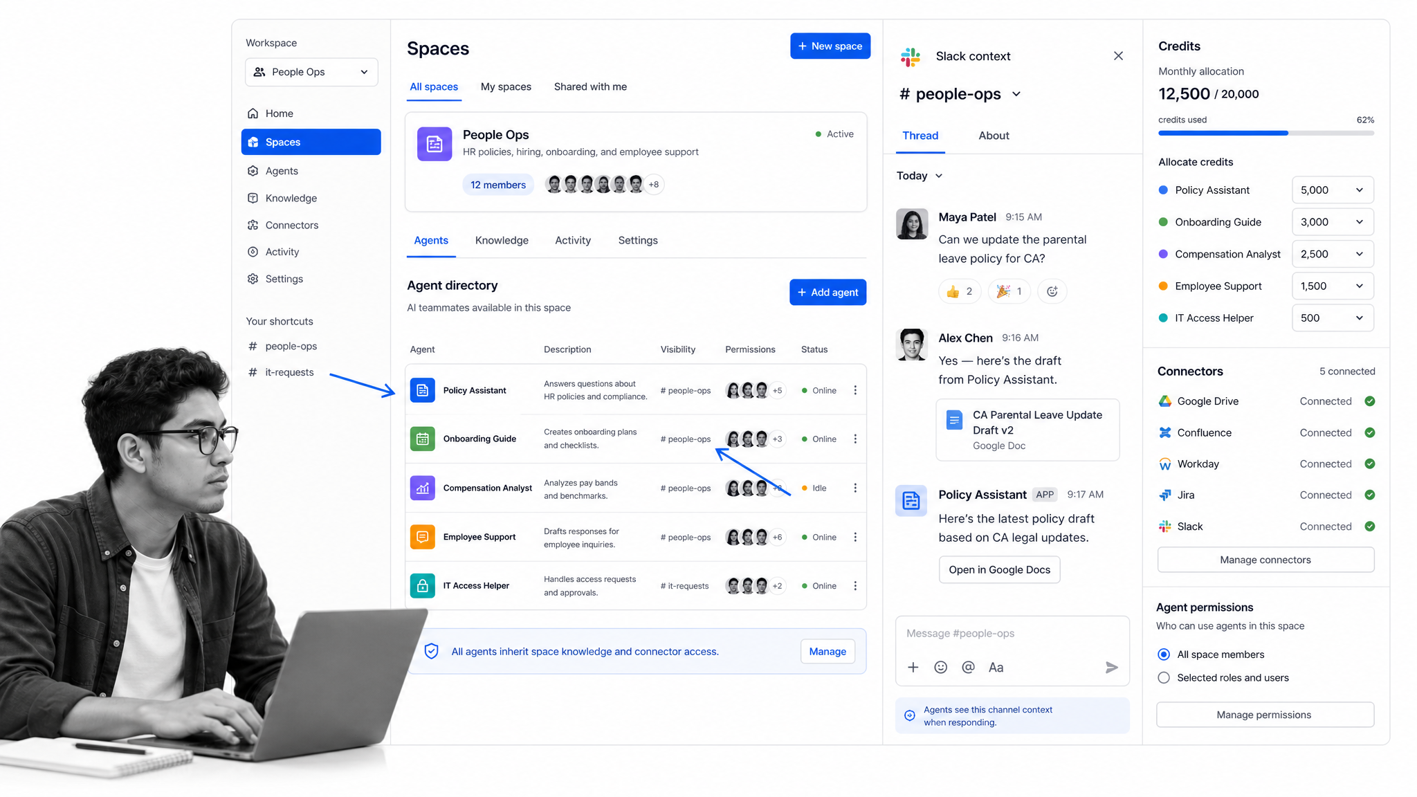 Dust Claude Tag alternative product UI for Team AI agents connected to shared company knowledge and Slack channels