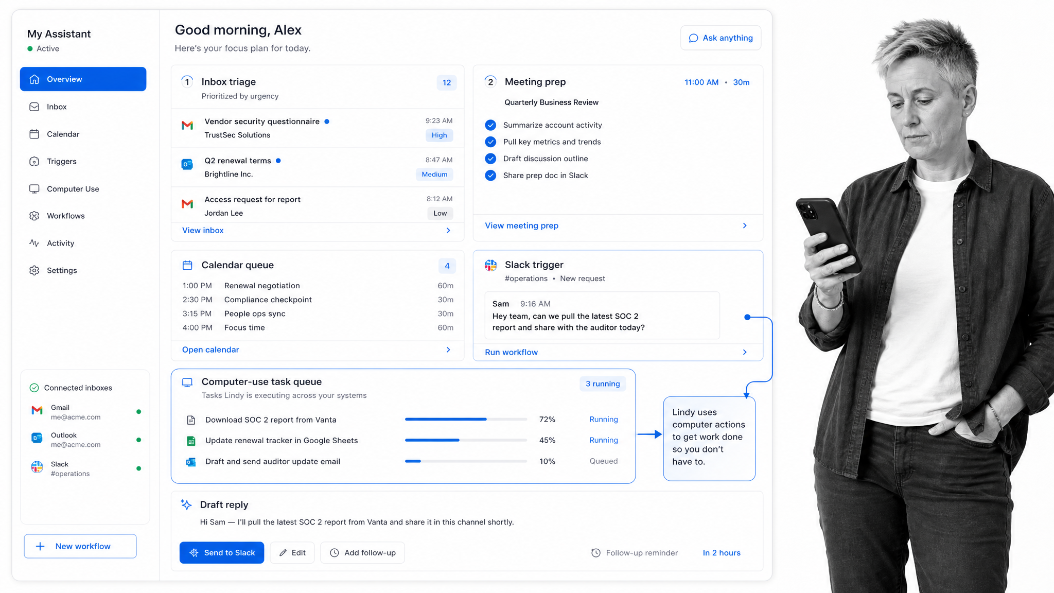 Lindy Claude Tag alternative product UI for Personal and team delegation across inbox, meetings, calendars, and Slack