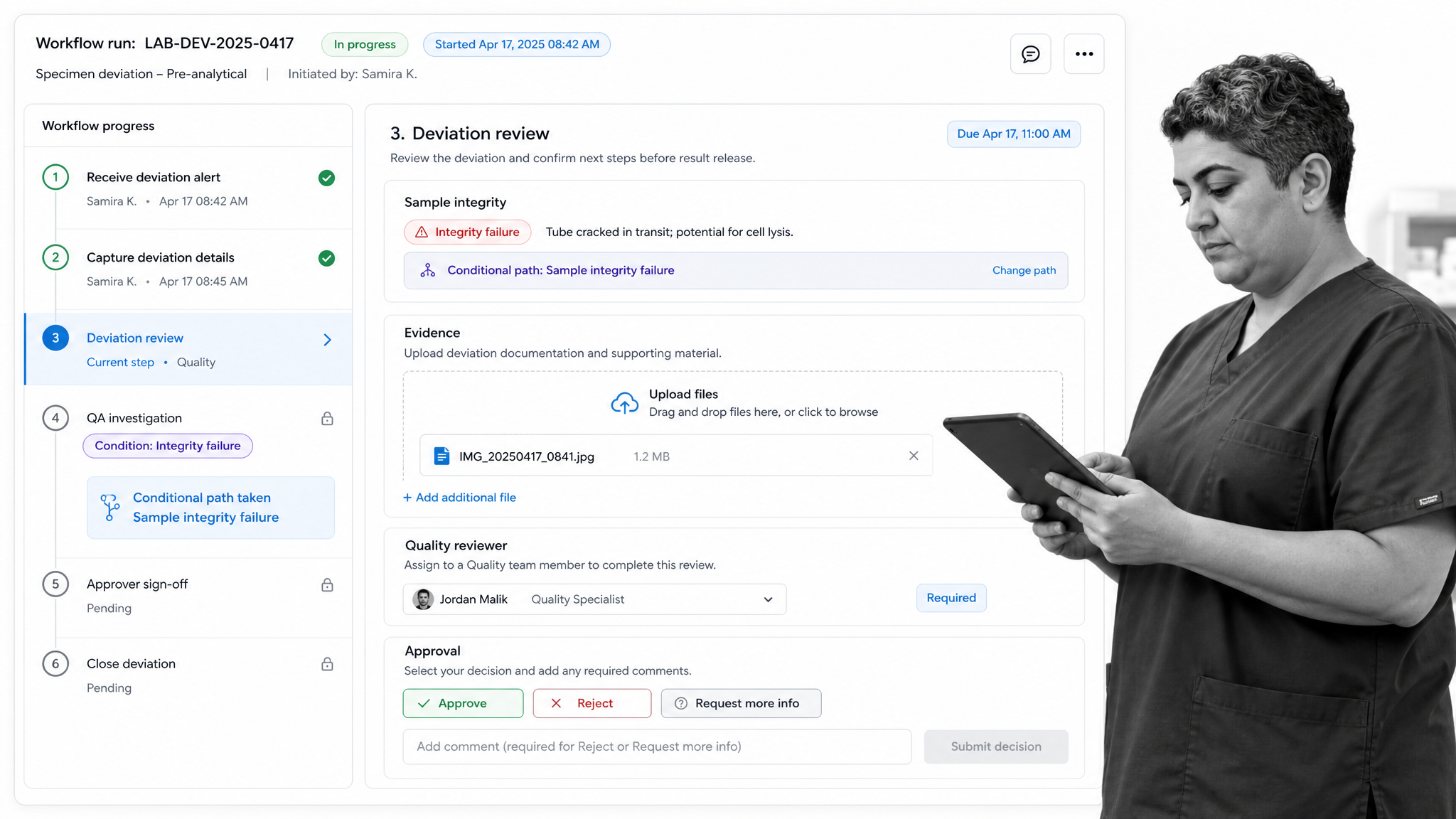 Process Street clinical lab deviation workflow with approval and corrective action tasks