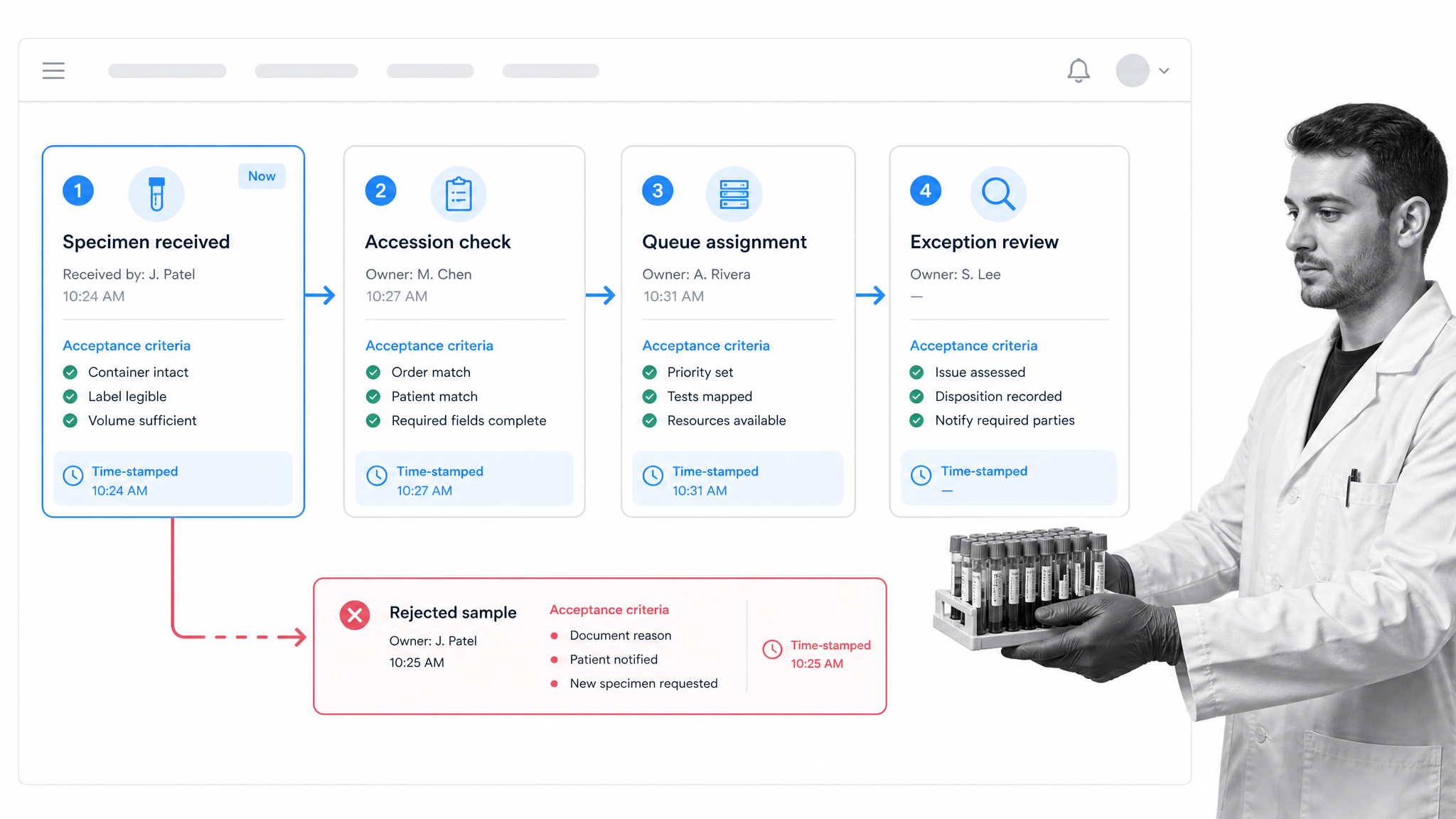 Clinical specimen accession handoff workflow with a selected received specimen task