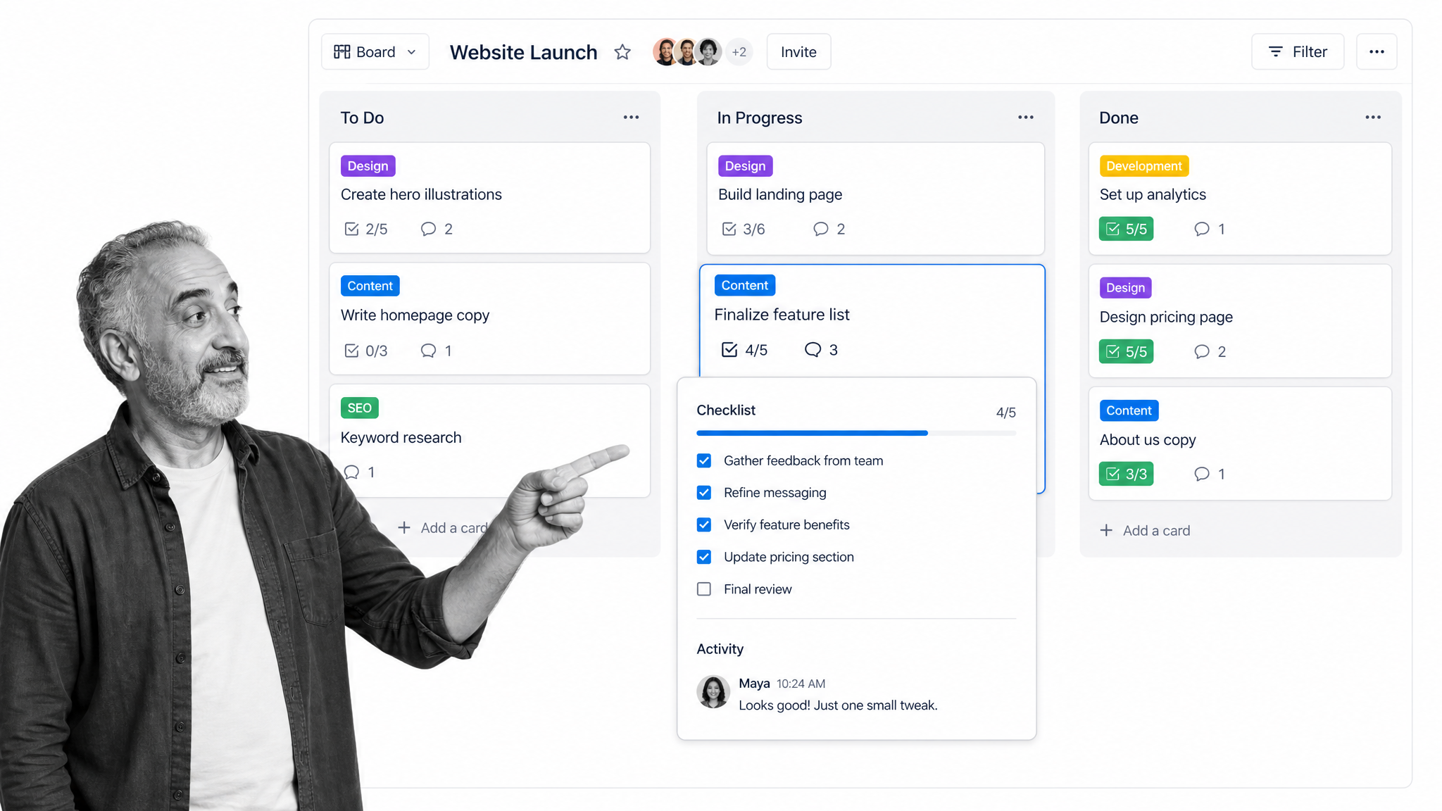 Trello Kanban board with lists, cards, labels, and a checklist