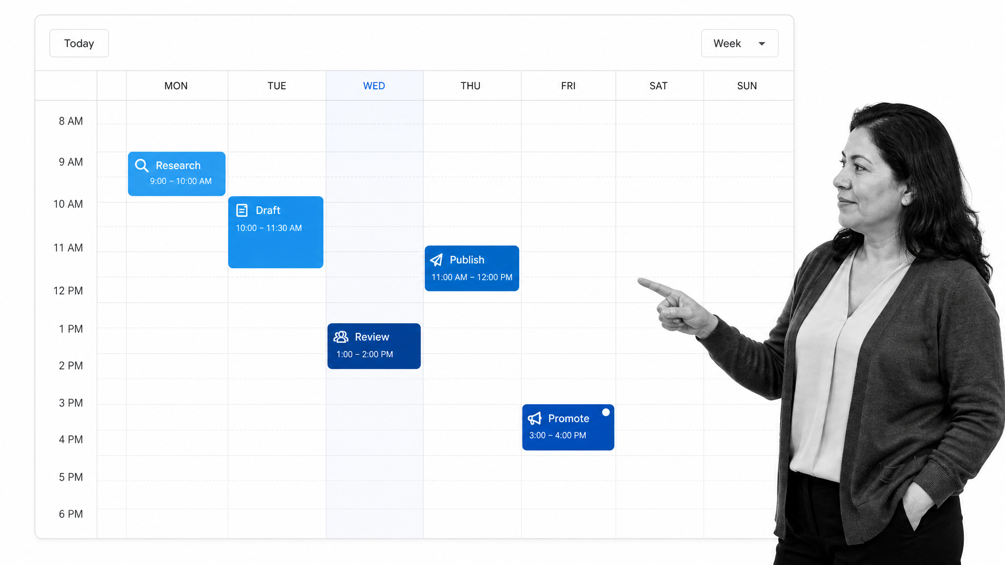 A weekly content calendar assigning research, drafting, review, publishing, and promotion tasks