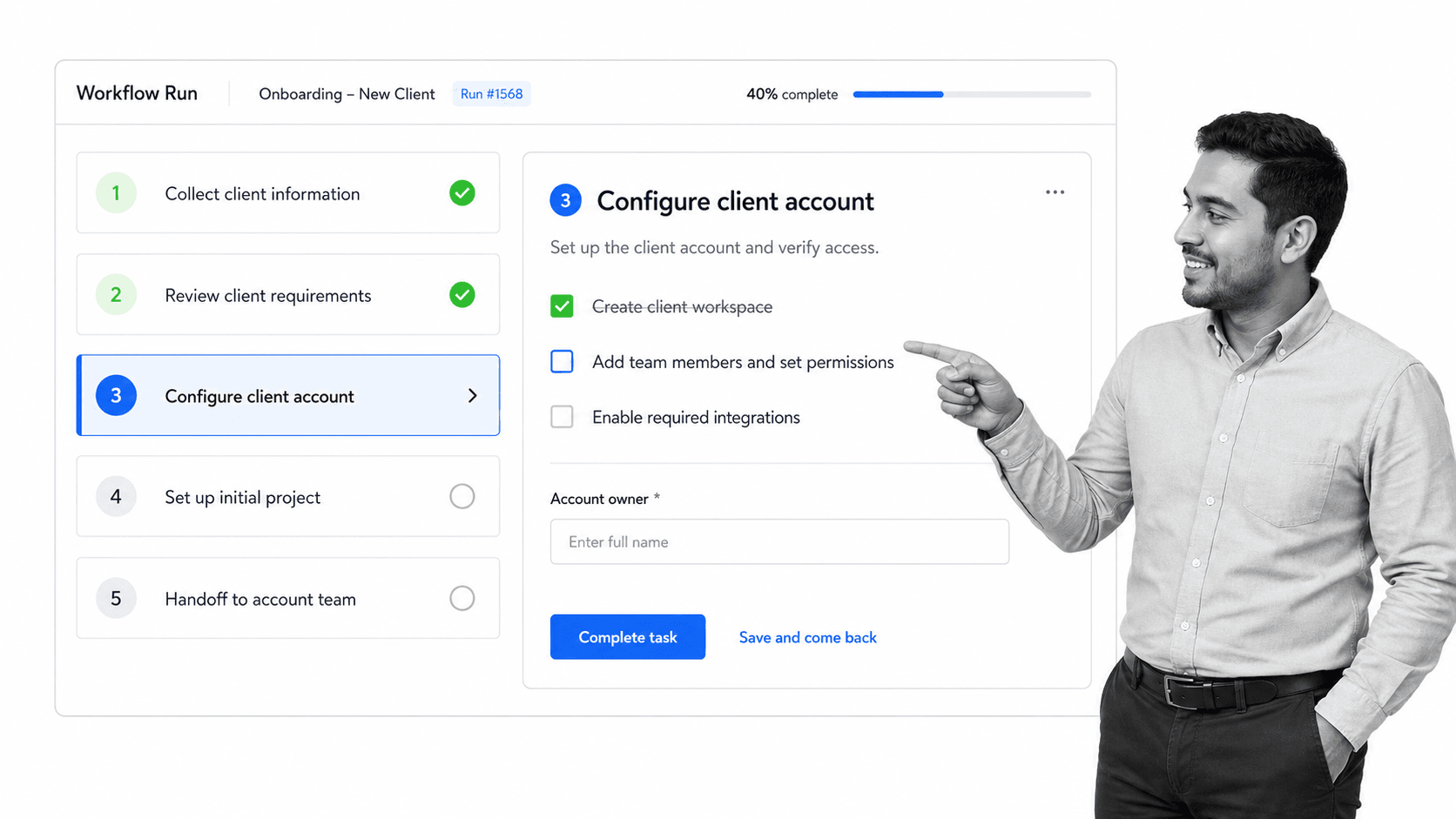 A Process Street workflow run screen with a numbered task list and checkable subtasks, showing continuous improvement built into a live process.