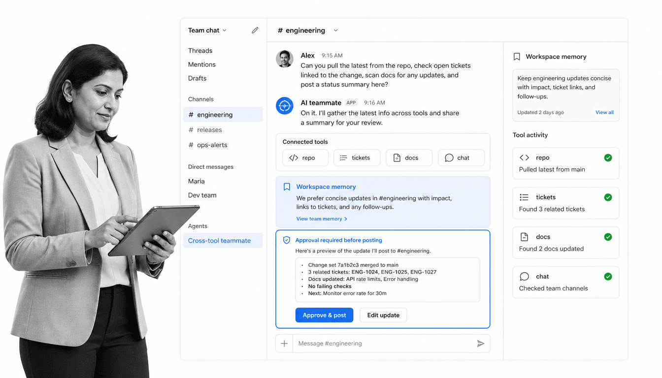 Dash Cursor alternative product UI for Teams that want an approval-first AI coworker to turn code and ops requests into finished work
