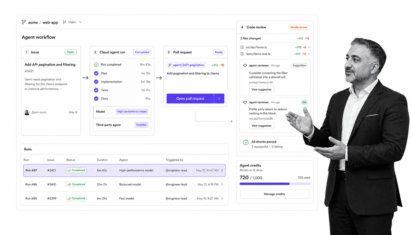GitHub Copilot Cursor alternative product UI for GitHub teams that want code completion, cloud agents, code review, and pull-request work