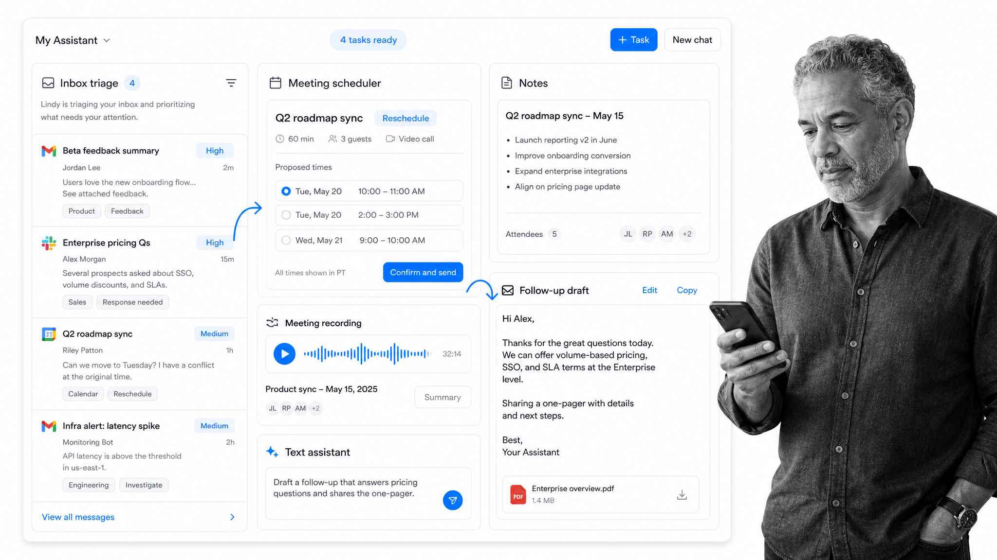 Lindy Cursor alternative product UI for Operators who need assistant delegation across inbox, meetings, calendar, and follow-up