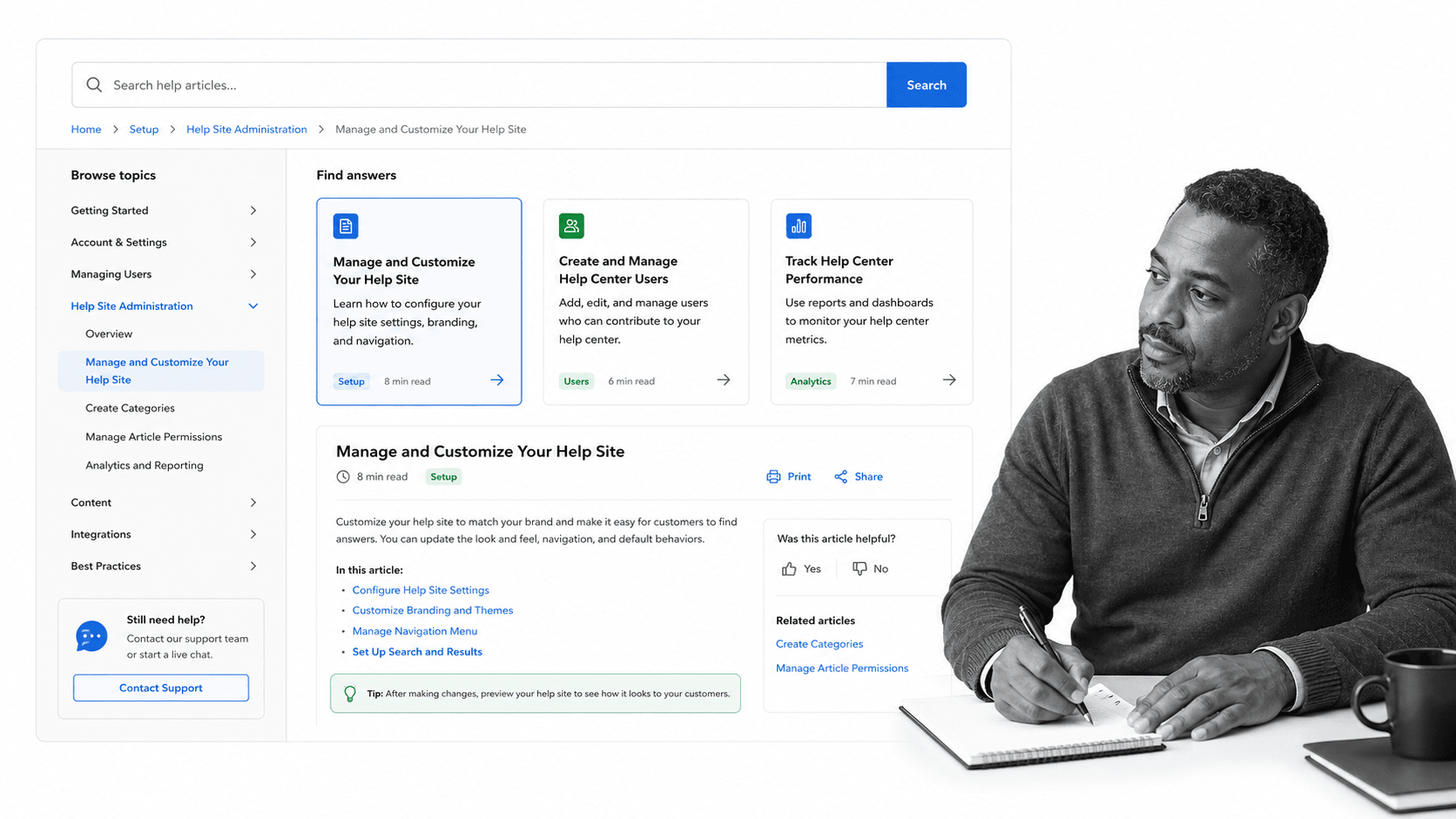 Salesforce Help style knowledge base screen with B&W support operations manager