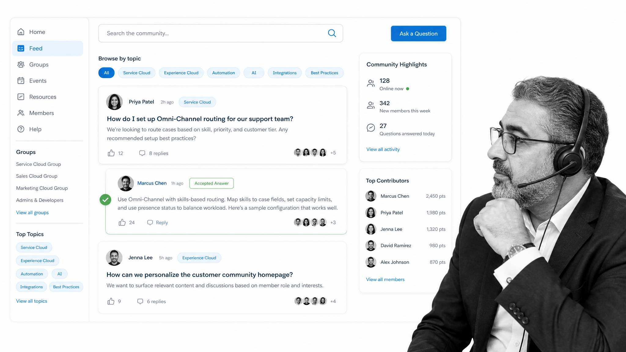 Trailblazer Community style discussion feed with B&W community program manager