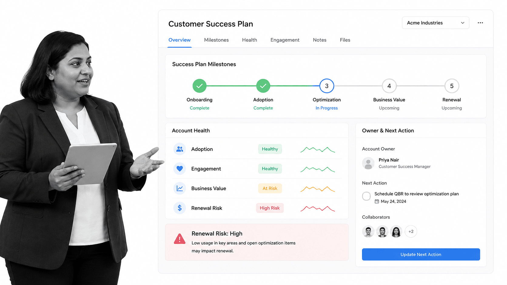 Salesforce customer success plan dashboard with B&W customer success manager