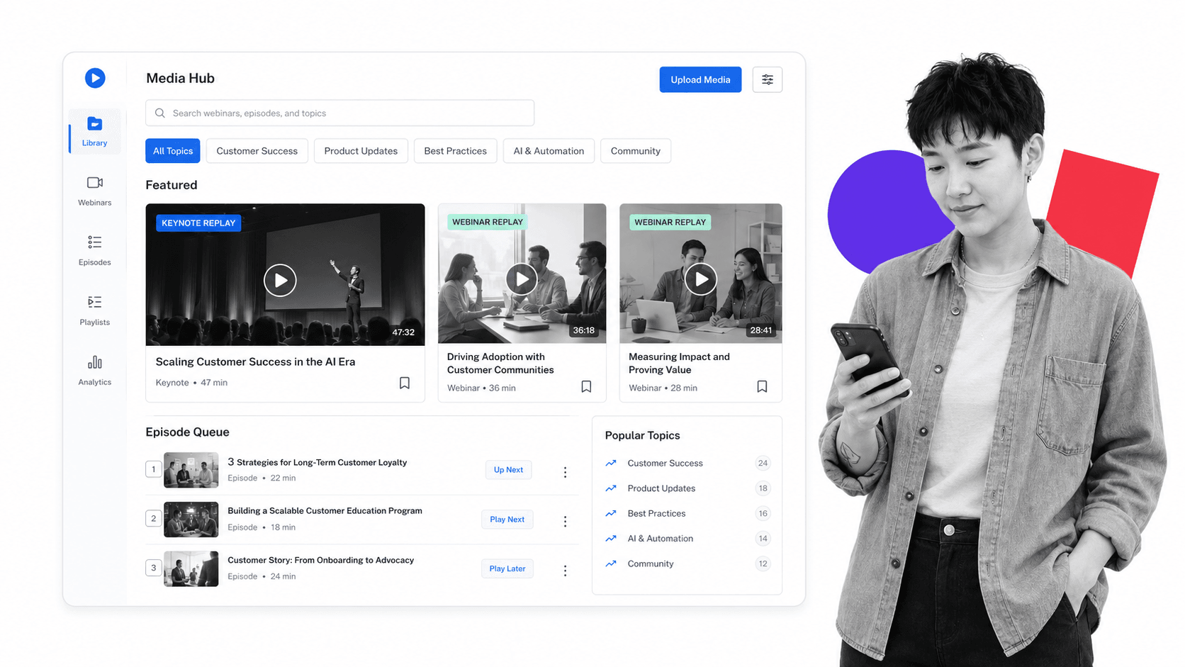 Salesforce media hub style webinar library with B&W content marketing lead