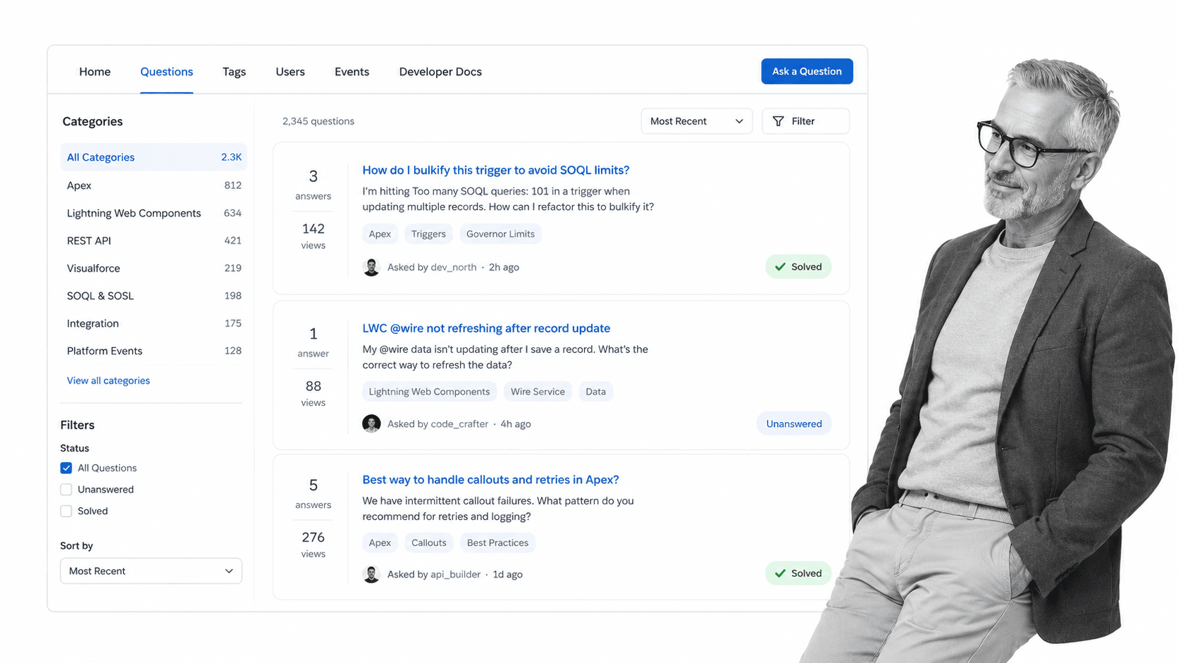 Salesforce developer forum style thread list with B&W technical community moderator