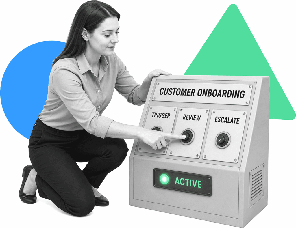 Customer onboarding operations lead examining a control panel for automated handoffs.