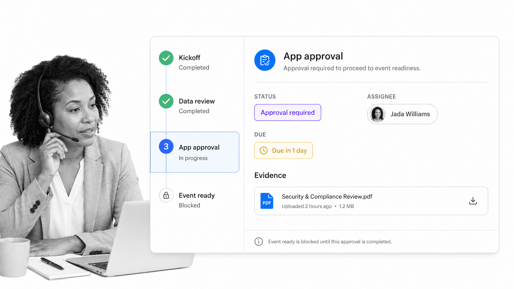 Customer success manager reviewing an onboarding approval workflow and event deadline
