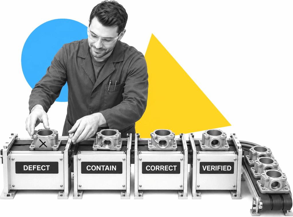 A manufacturing quality engineer tracing a defect through labeled containment and closure checkpoints.