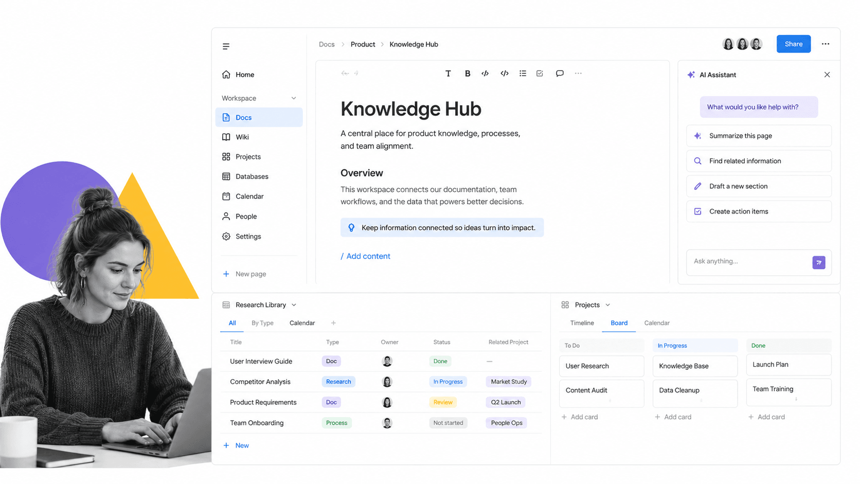 Notion Document360 alternative product UI for flexible docs, wikis, and databases in one workspace
