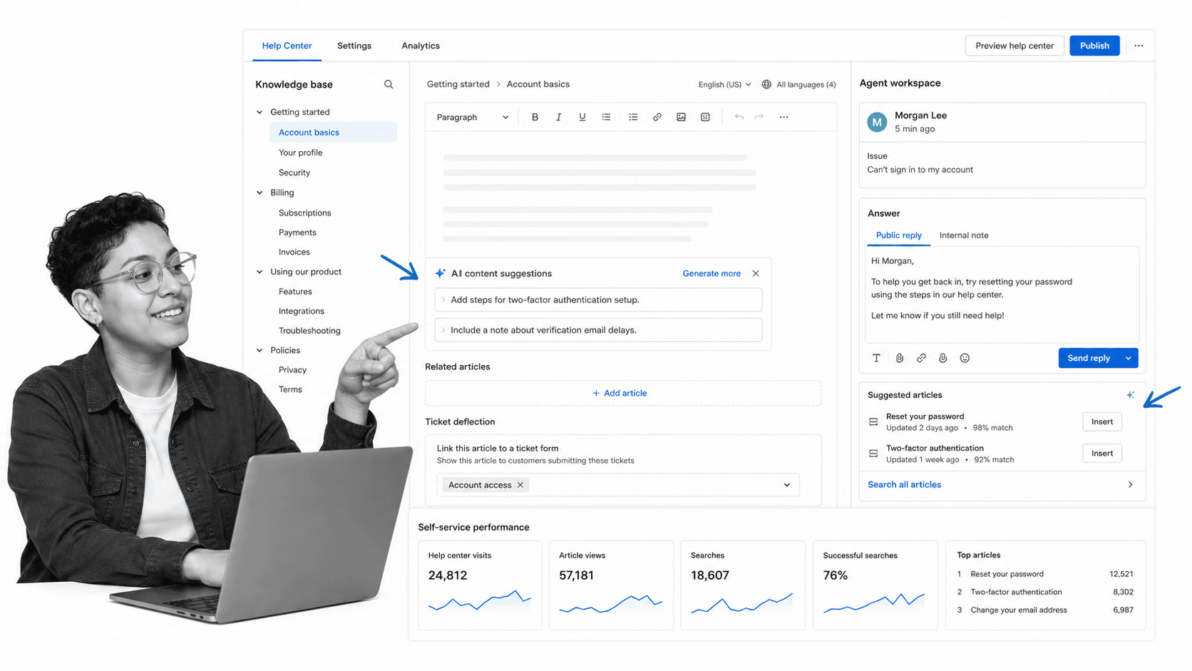 Zendesk Document360 alternative product UI for customer-facing help centers tied to support