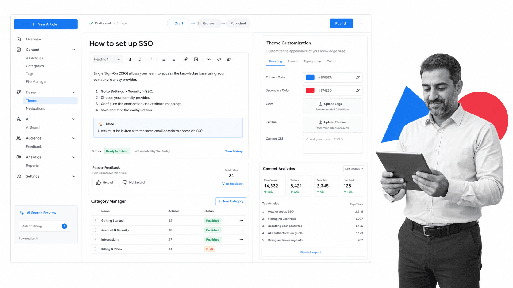Helpjuice Document360 alternative product UI for standalone internal and customer knowledge bases
