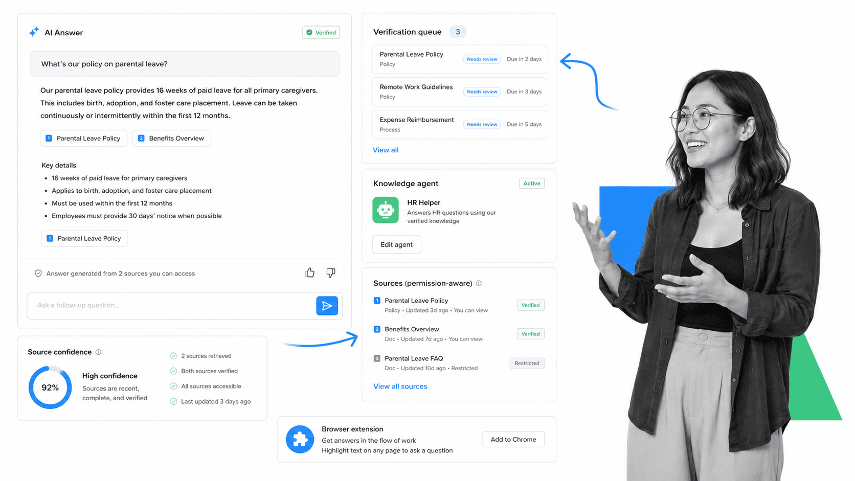 Guru Document360 alternative product UI for AI-assisted answers inside the flow of work