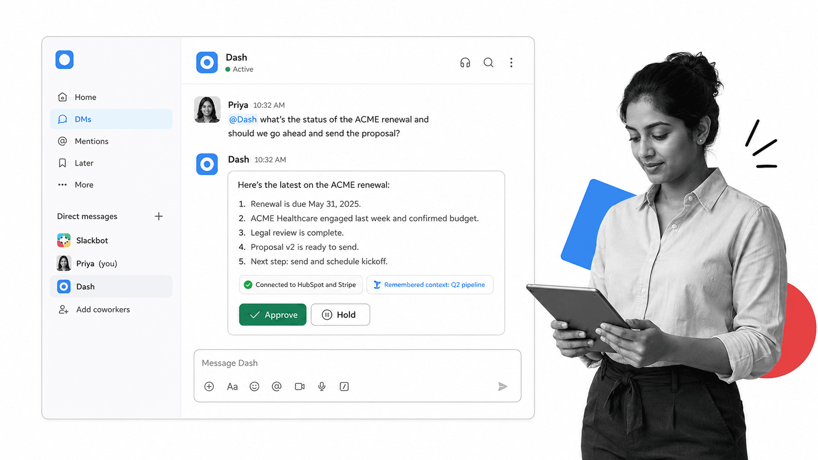 Dash Slack DM with an AI coworker reply and inline Approve and Hold buttons