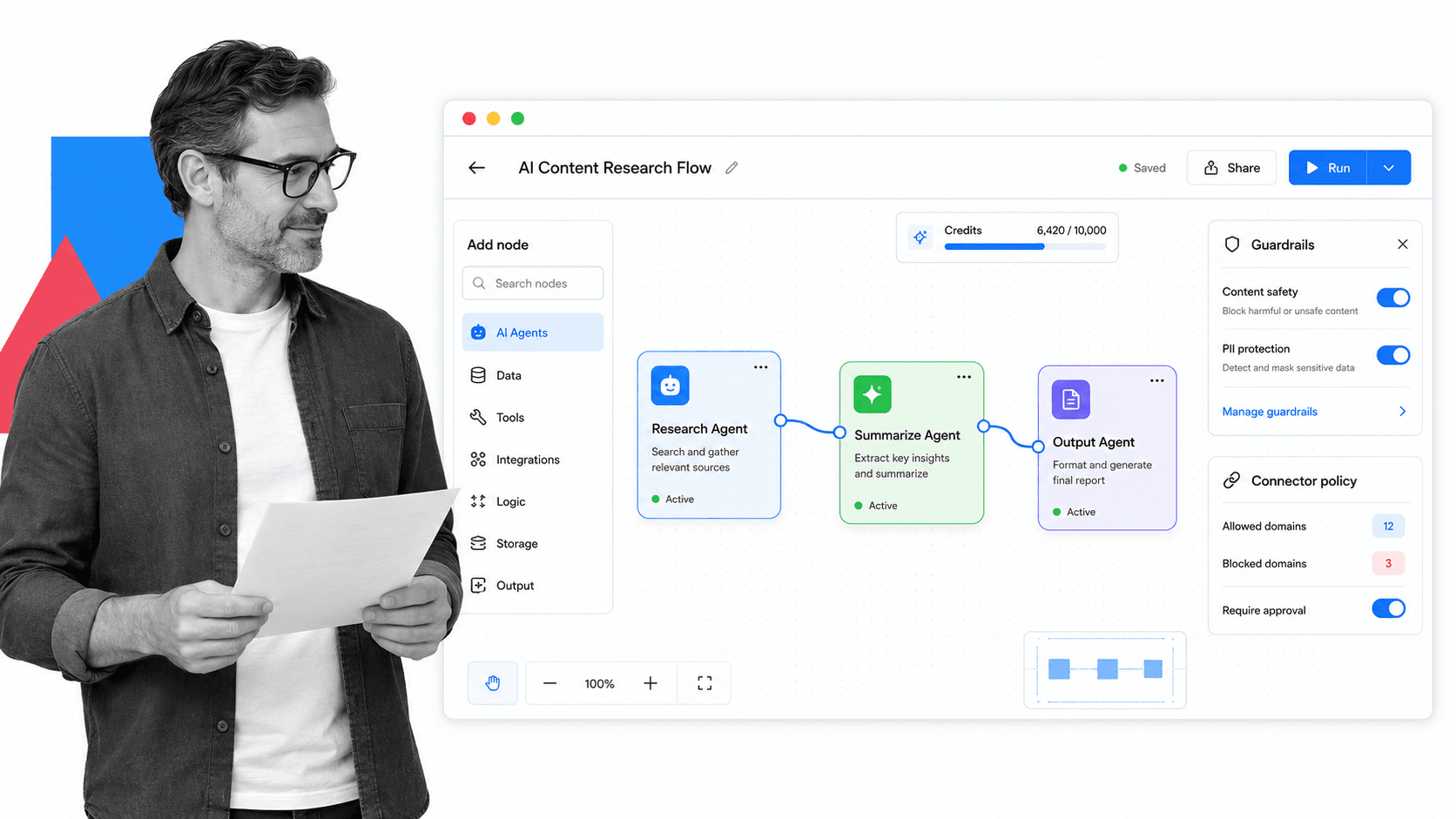 Gumloop visual AI workflow canvas with guardrails and credits meter