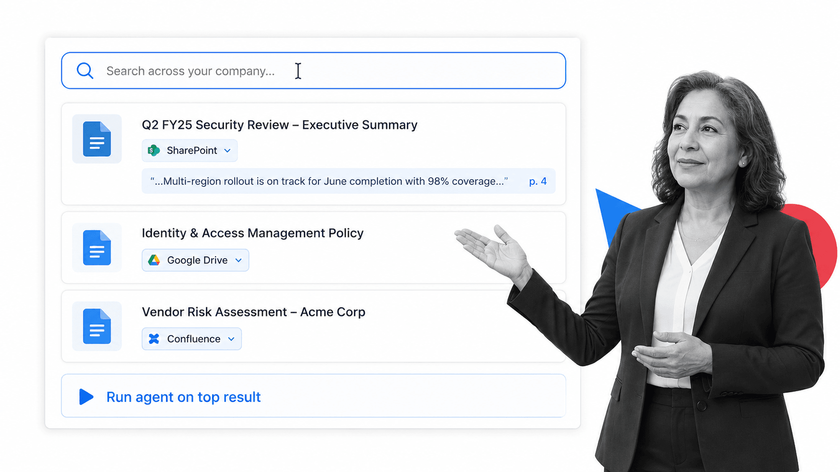 Glean Agents enterprise search results with cited document cards and an agent action chip