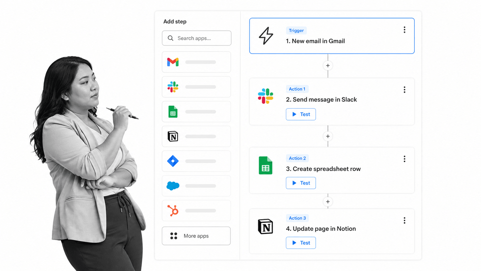 Zapier Agents vertical step builder with a trigger card, numbered action cards, and an app rail