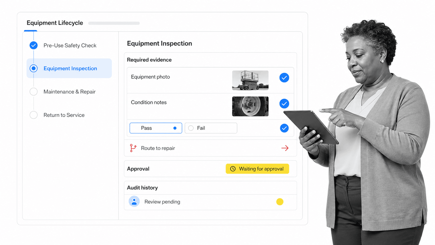 Process Street equipment inspection workflow run with evidence, conditional repair routing, approval, and audit history