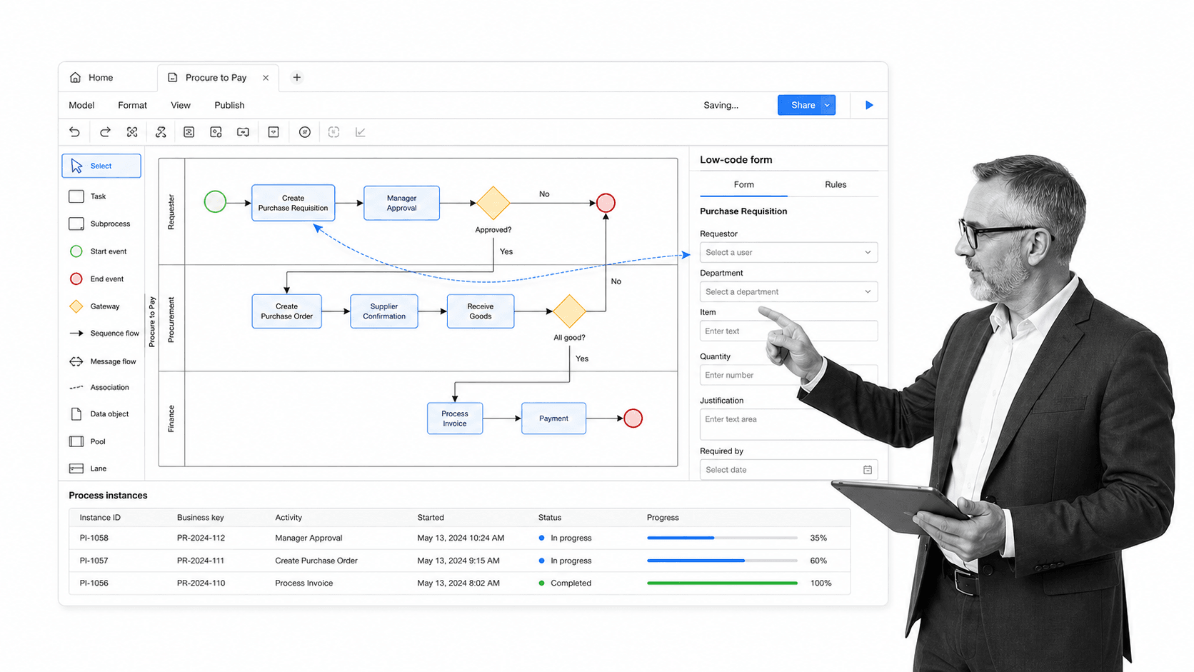 Bizagi product interface as a Flokzu alternative for BPMN process modeling paired with low-code application development